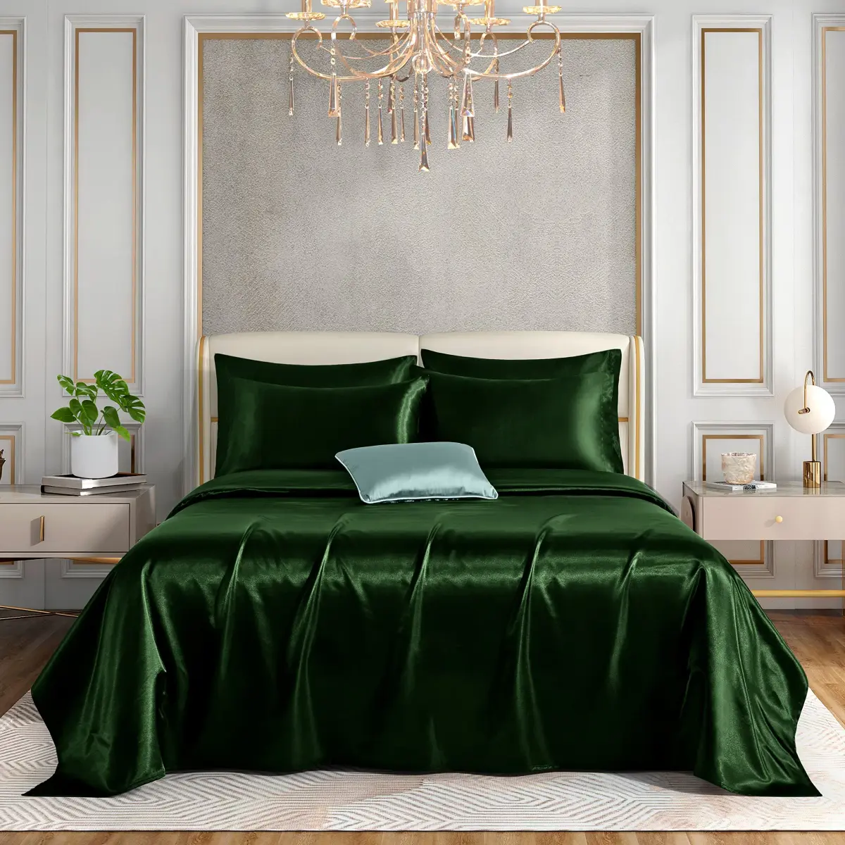 Horbaunal 6 Piece Queen Satin Sheet Set Emerald Green | 203cm x 152cm (80" x 60") + 4 Pillowcases 51cm x 76cm (20" x 30") - view 2