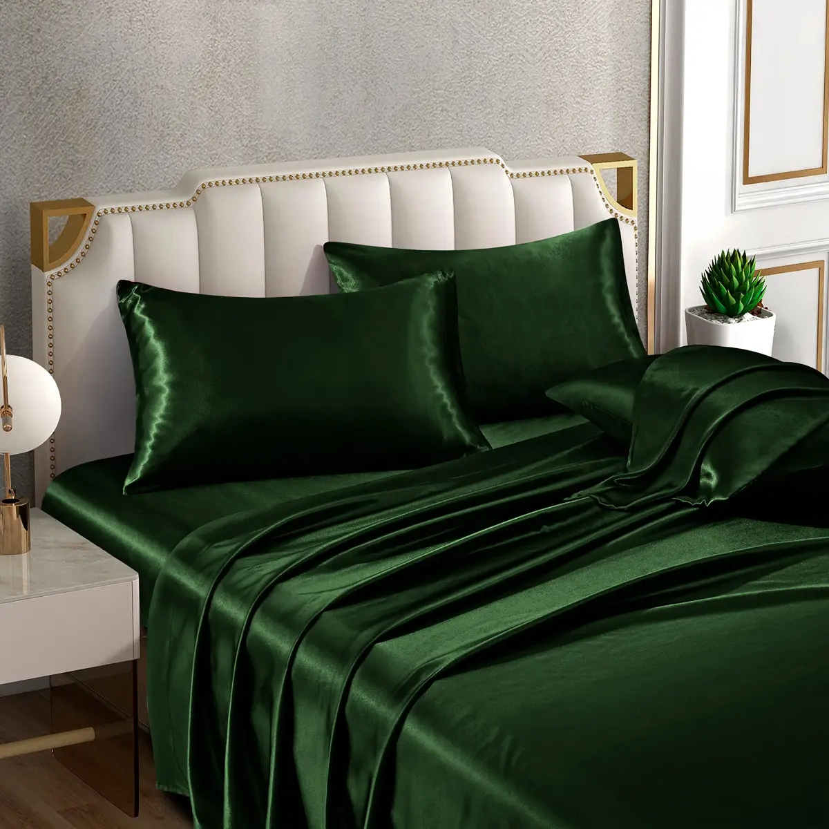 Horbaunal 6 Piece Queen Satin Sheet Set Emerald Green | 203cm x 152cm (80" x 60") + 4 Pillowcases 51cm x 76cm (20" x 30") - view 3