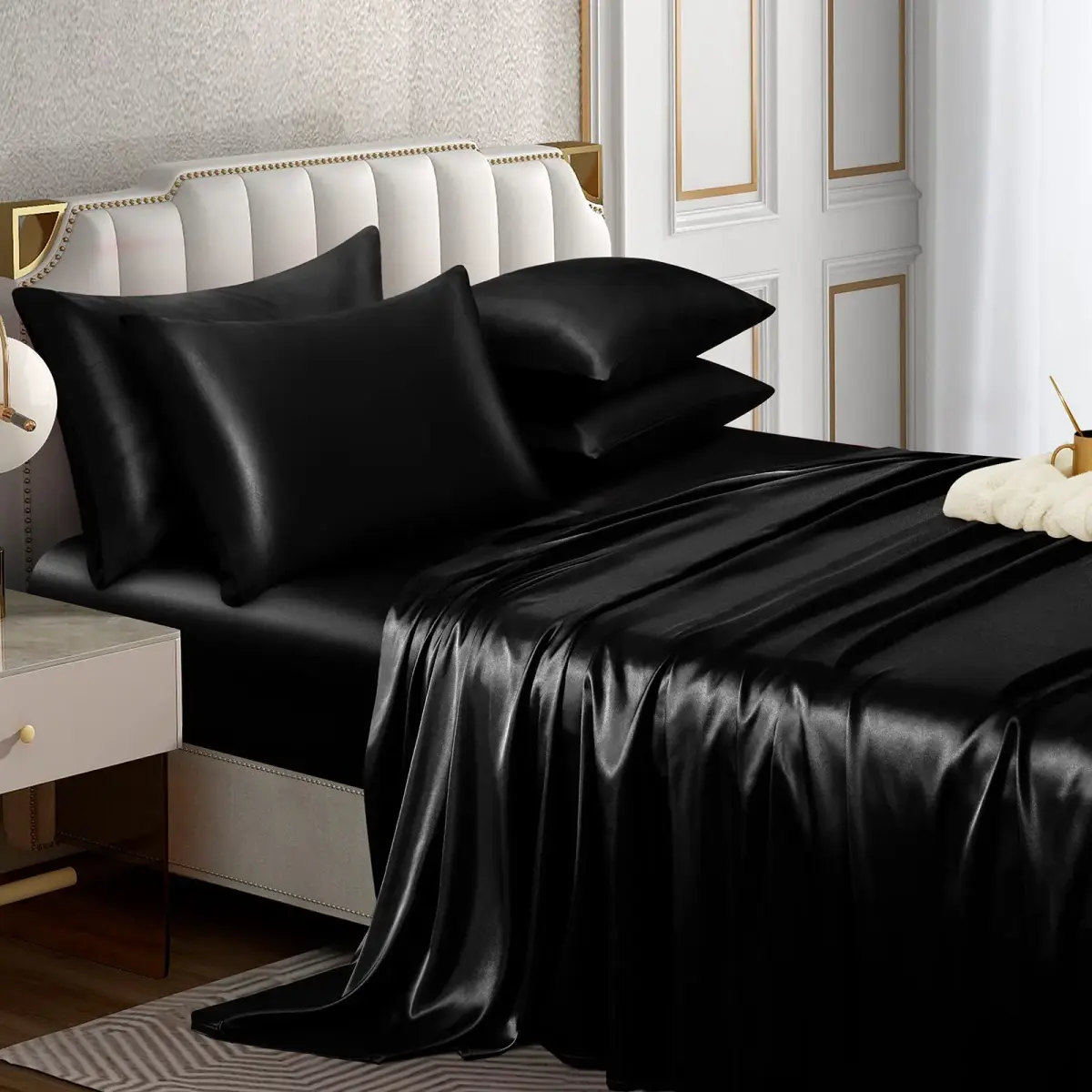 Horbaunal Black 6 Piece Satin Sheet Set Queen Size, 244cm x 274cm (102" x 90") Flat Sheet | Silky Soft Luxury Bedding - main product image