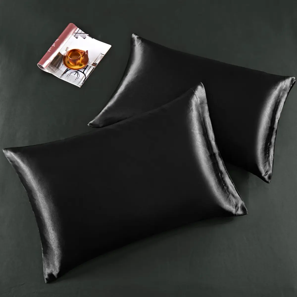 Horbaunal Black 6 Piece Satin Sheet Set Queen Size, 244cm x 274cm (102" x 90") Flat Sheet | Silky Soft Luxury Bedding - view 5