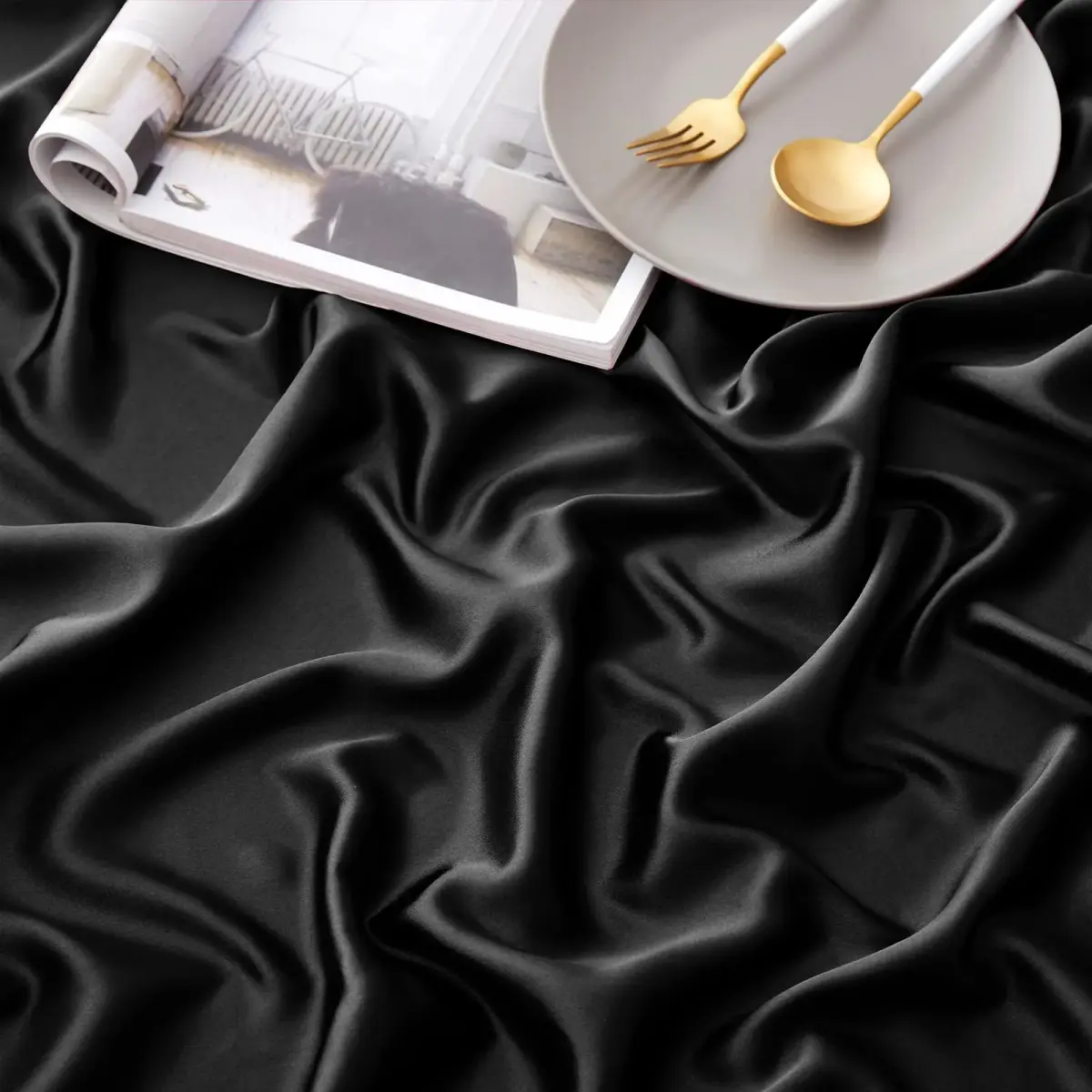 Horbaunal Black 6 Piece Satin Sheet Set Queen Size, 244cm x 274cm (102" x 90") Flat Sheet | Silky Soft Luxury Bedding - view 6