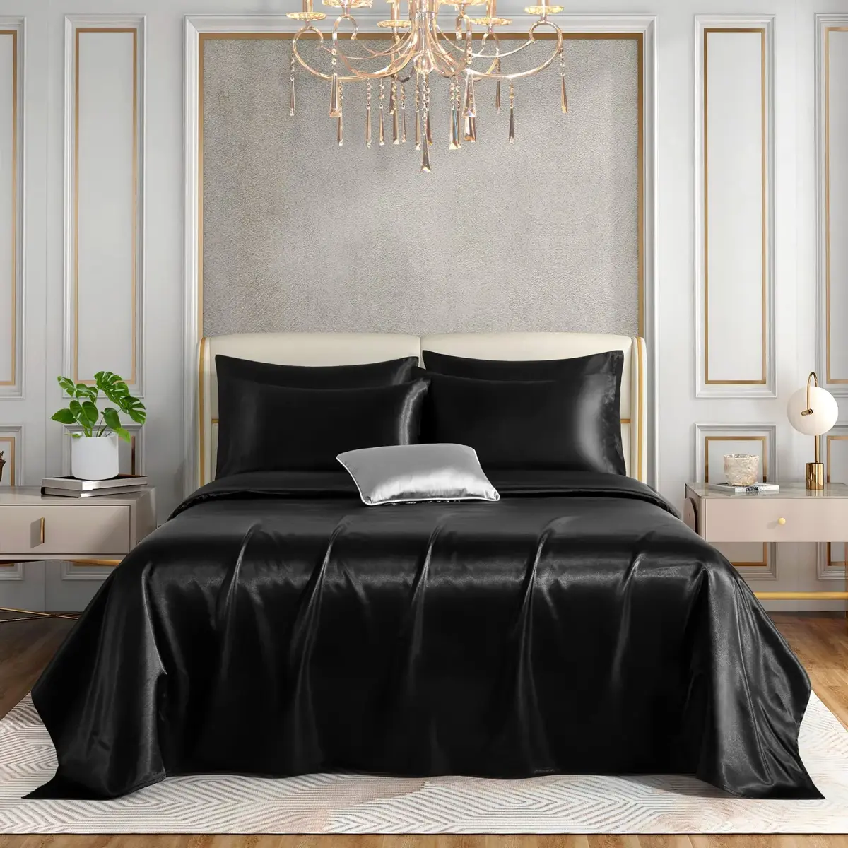 Horbaunal Black 6 Piece Satin Sheet Set Queen Size, 244cm x 274cm (102" x 90") Flat Sheet | Silky Soft Luxury Bedding - view 2
