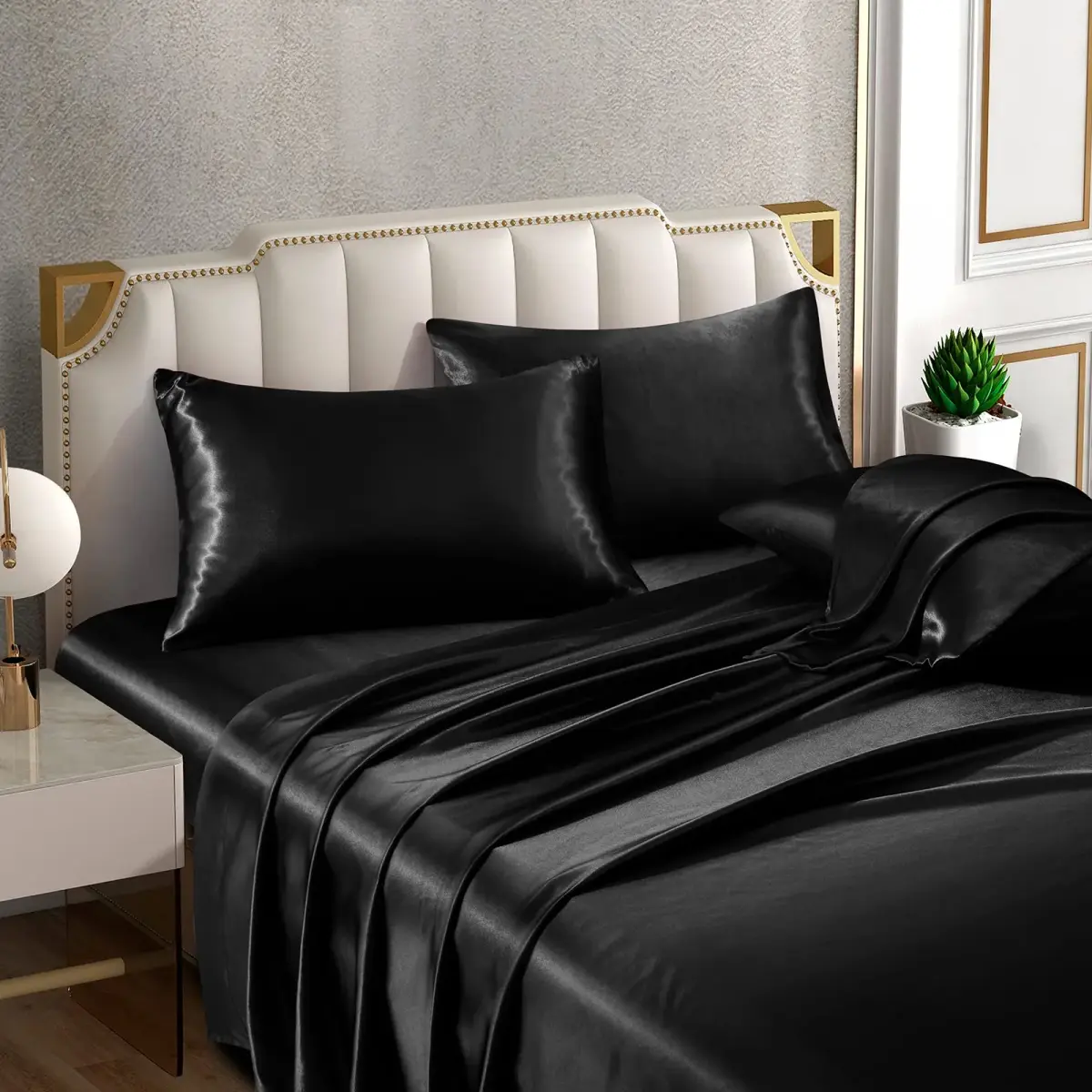 Horbaunal Black 6 Piece Satin Sheet Set Queen Size, 244cm x 274cm (102" x 90") Flat Sheet | Silky Soft Luxury Bedding - view 3