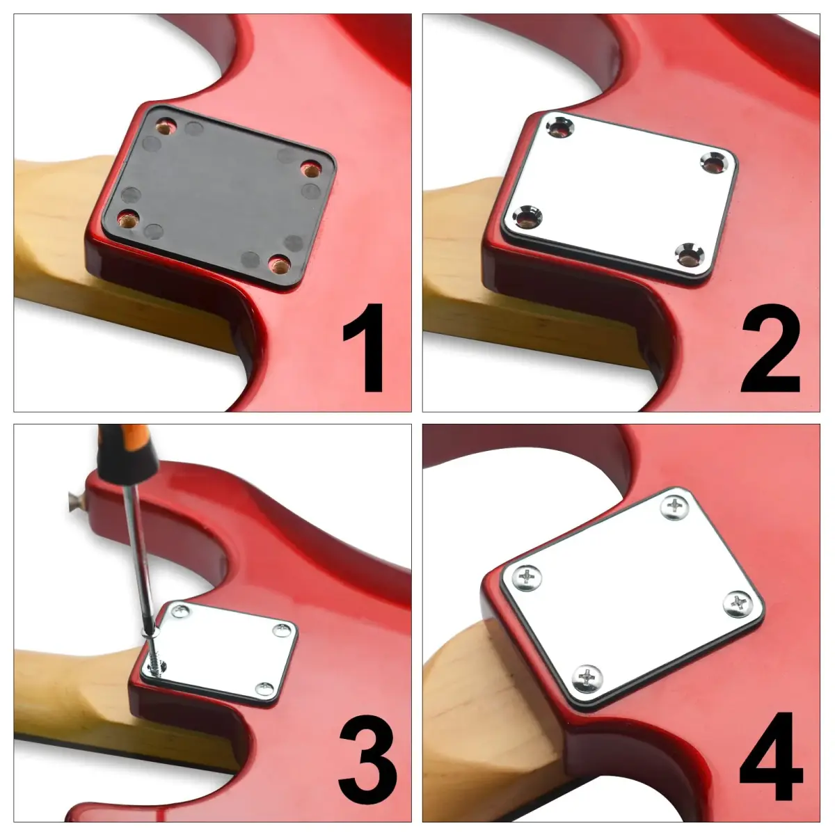 MAXCHEER Electric Bass Guitar Neck Plate with Screws & Back Plate, Chrome | Guitar Neck Joint Connecting Strengthen Plate - view 2