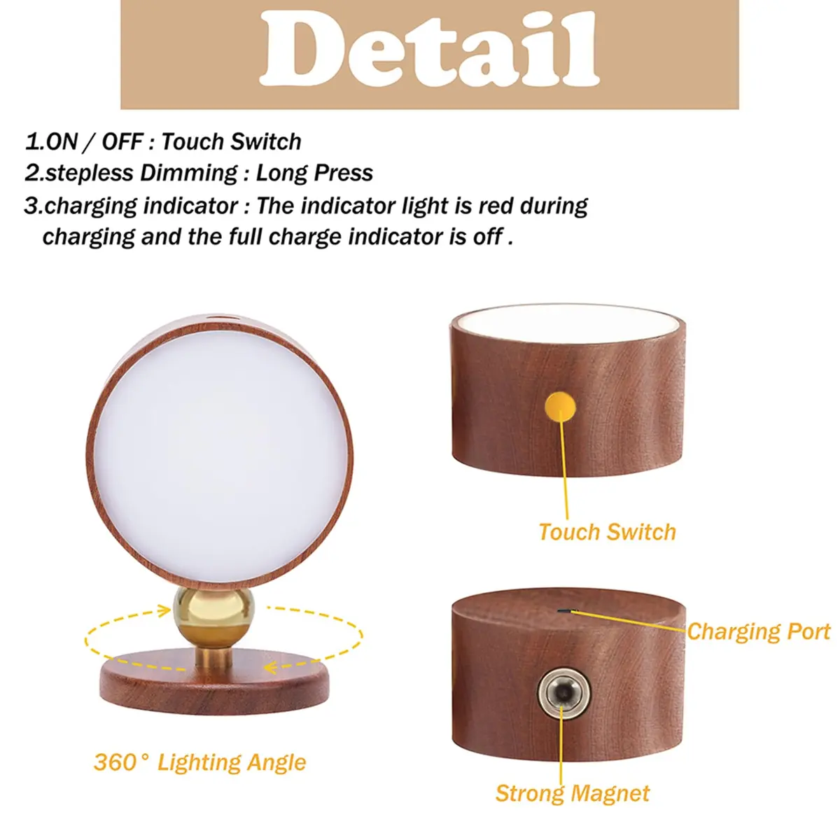LANDGOO Wood Wall Sconce Bedside Lamp Rechargeable | Natural Wood, Dimmable, Portable - view 8
