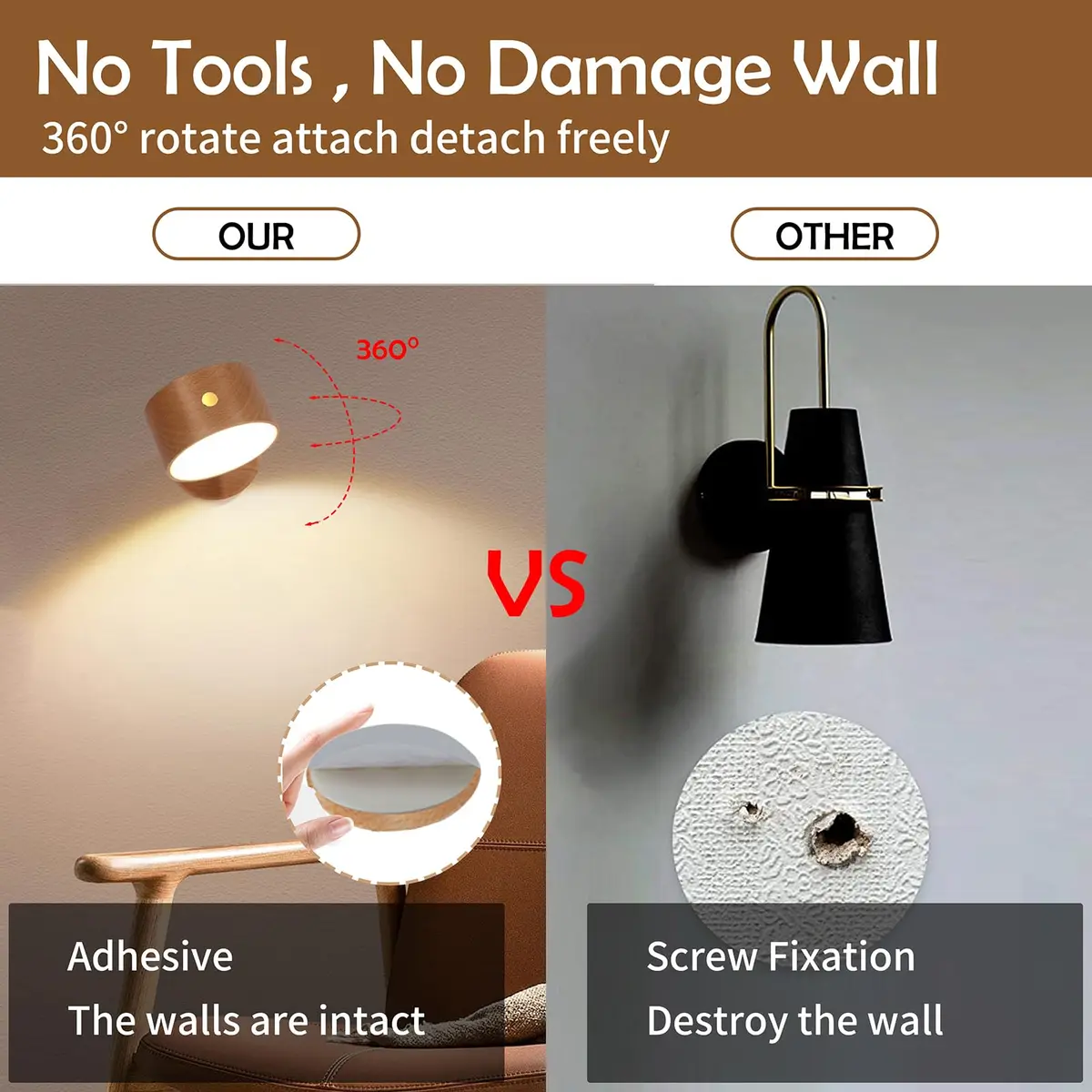 LANDGOO Wood Wall Sconce Bedside Lamp Rechargeable Night Light | Natural Wood, Dimmable, Portable - view 5