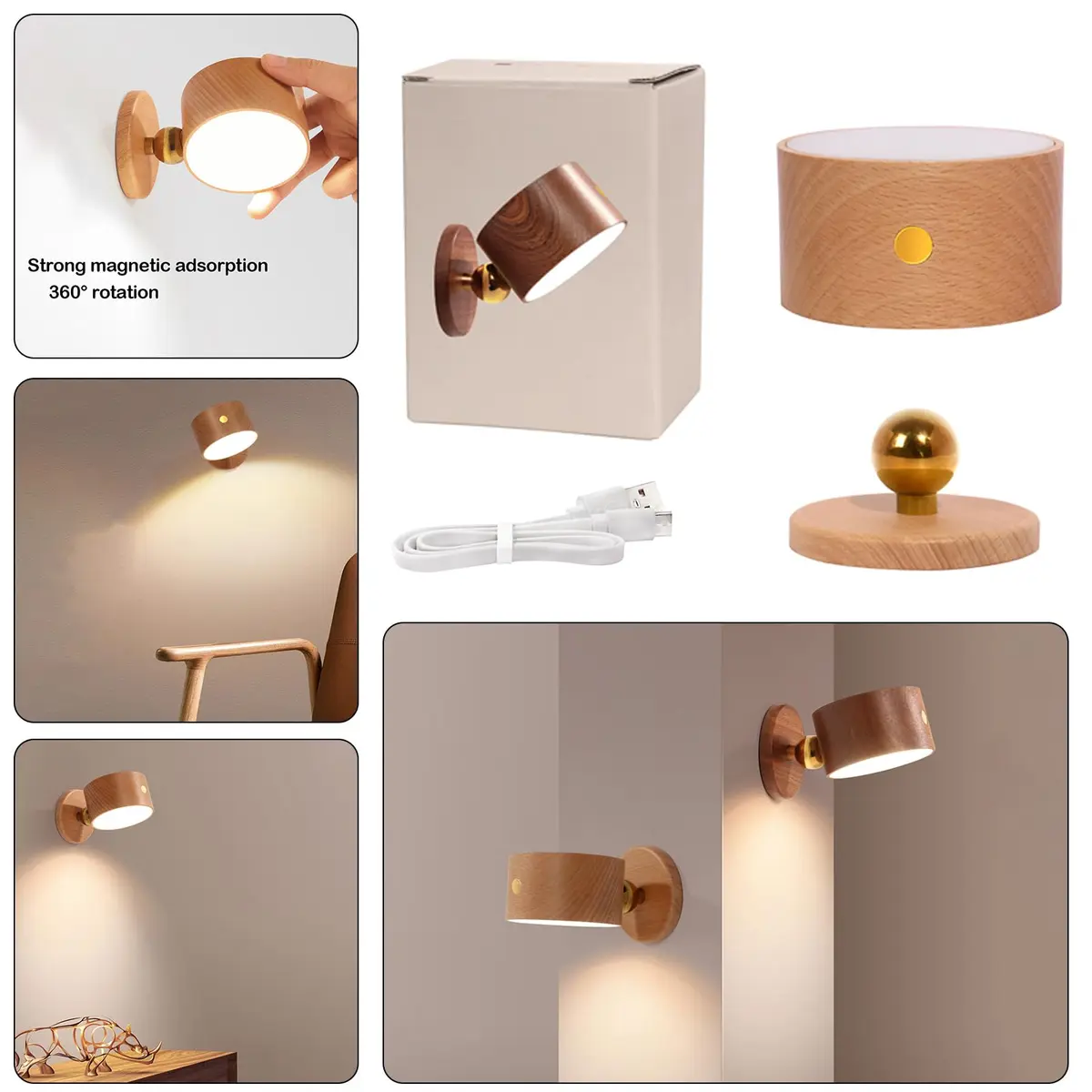 LANDGOO Wood Wall Sconce Bedside Lamp Rechargeable Night Light | Natural Wood, Dimmable, Portable - view 2