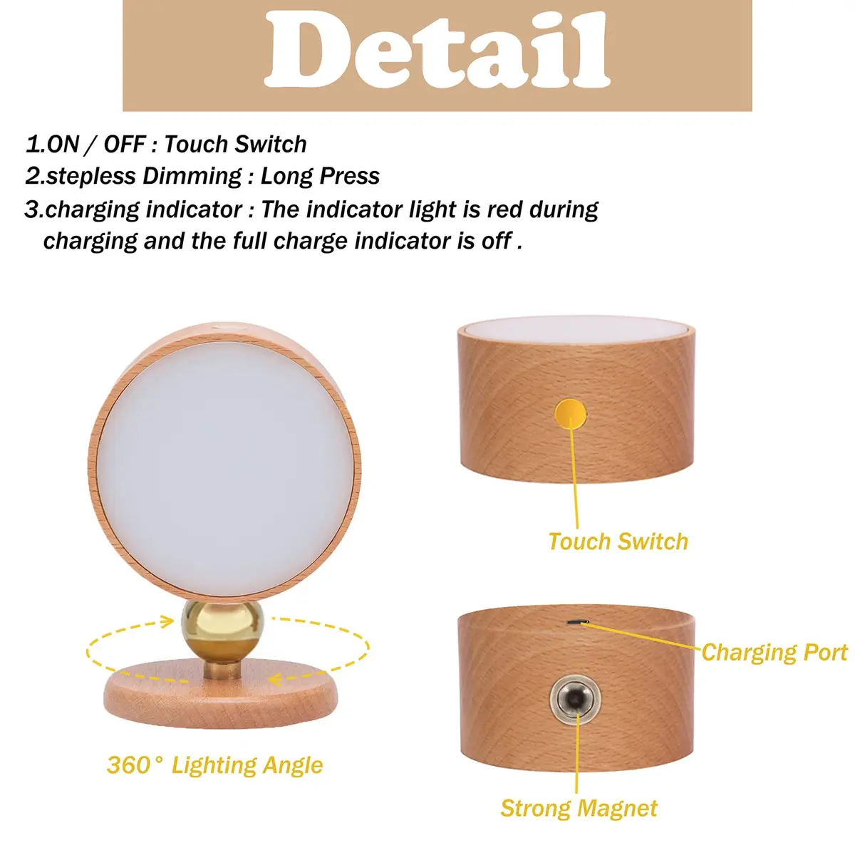 LANDGOO Wood Wall Sconce Bedside Lamp Rechargeable Night Light | Natural Wood, Dimmable, Portable - view 3