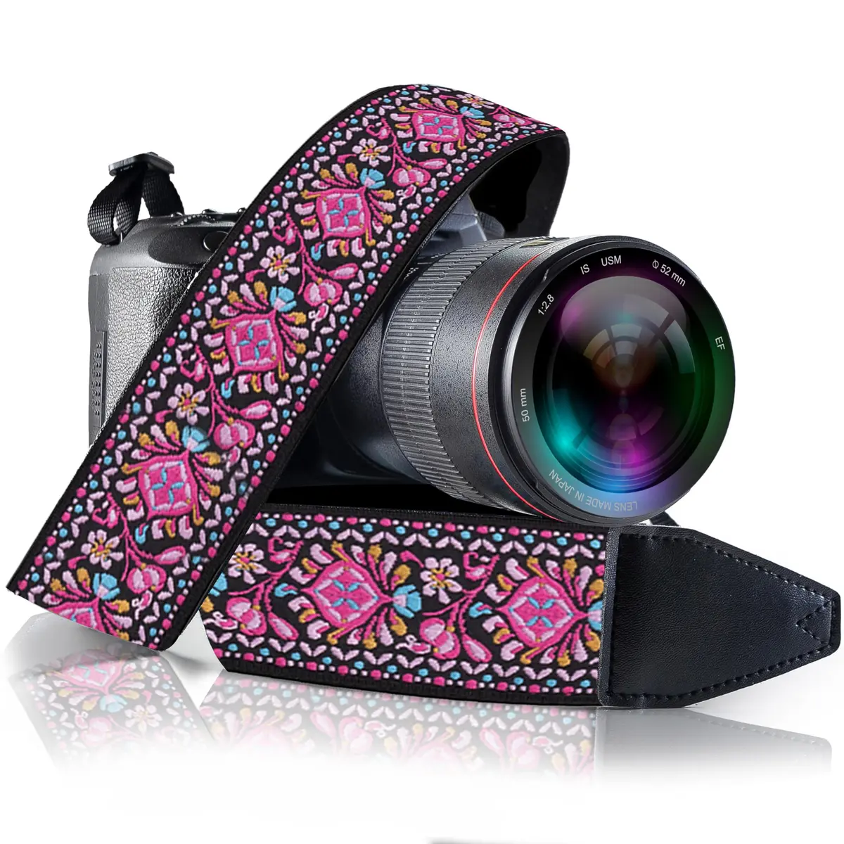 Art Tribute Embroidered Cotton & Leather Camera Strap Pink | Padded Neck, Shoulder & Crossbody for All Cameras - main product image