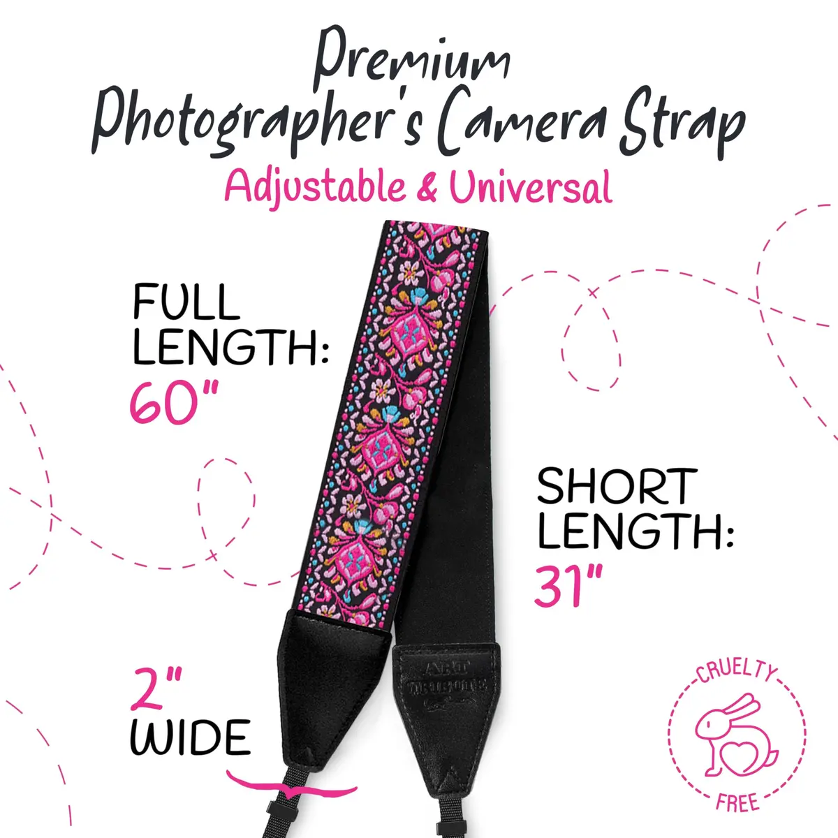 Art Tribute Embroidered Cotton & Leather Camera Strap Pink | Padded Neck, Shoulder & Crossbody for All Cameras - view 5