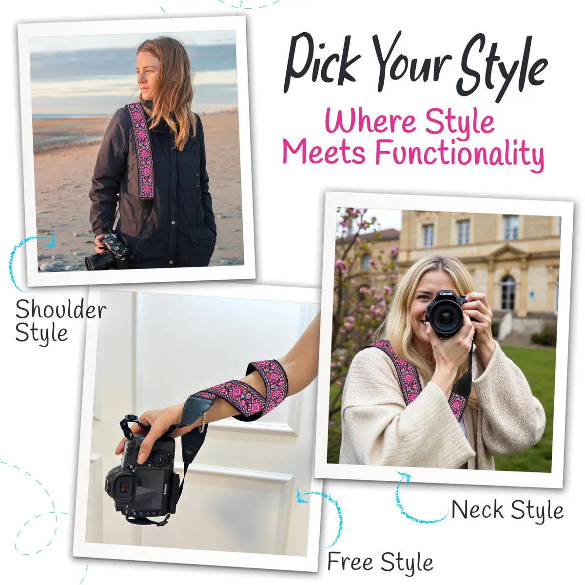Art Tribute Embroidered Cotton & Leather Camera Strap Pink | Padded Neck, Shoulder & Crossbody for All Cameras - view 6