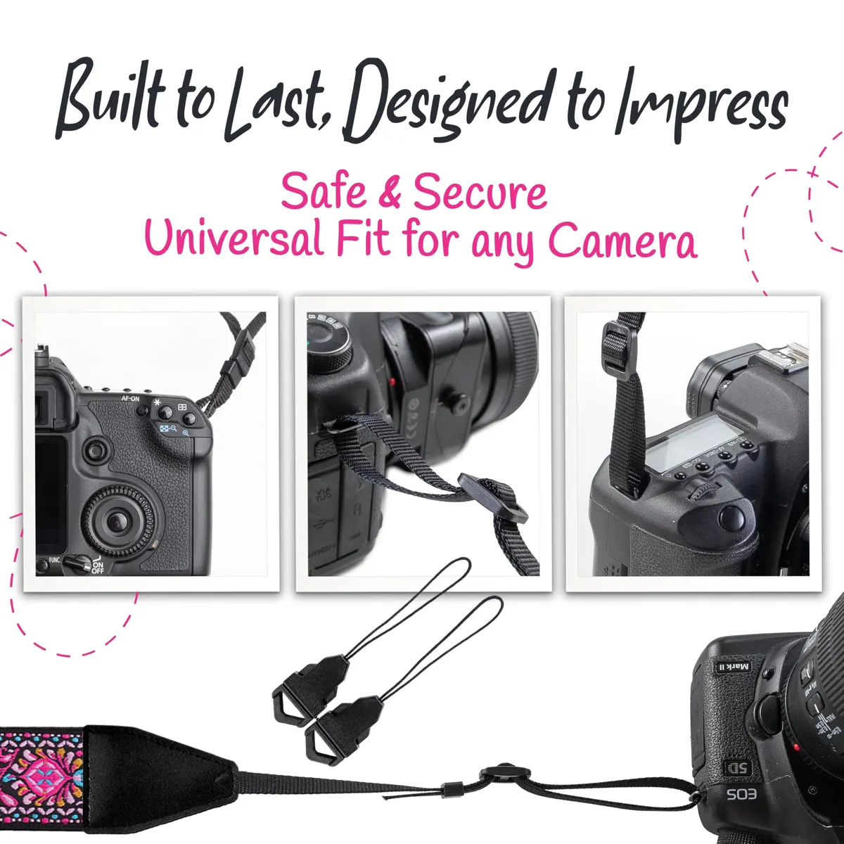 Art Tribute Embroidered Cotton & Leather Camera Strap Pink | Padded Neck, Shoulder & Crossbody for All Cameras - view 7