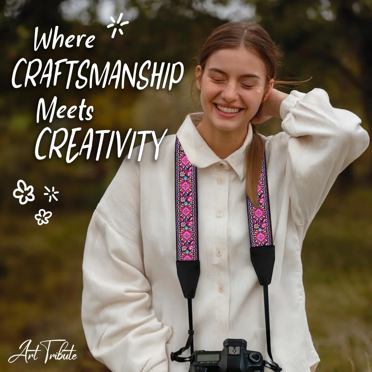 Art Tribute Embroidered Cotton & Leather Camera Strap Pink | Padded Neck, Shoulder & Crossbody for All Cameras - view 8