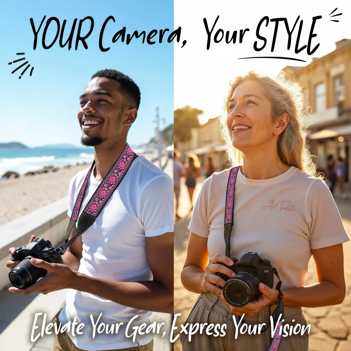 Art Tribute Embroidered Cotton & Leather Camera Strap Pink | Padded Neck, Shoulder & Crossbody for All Cameras - view 2