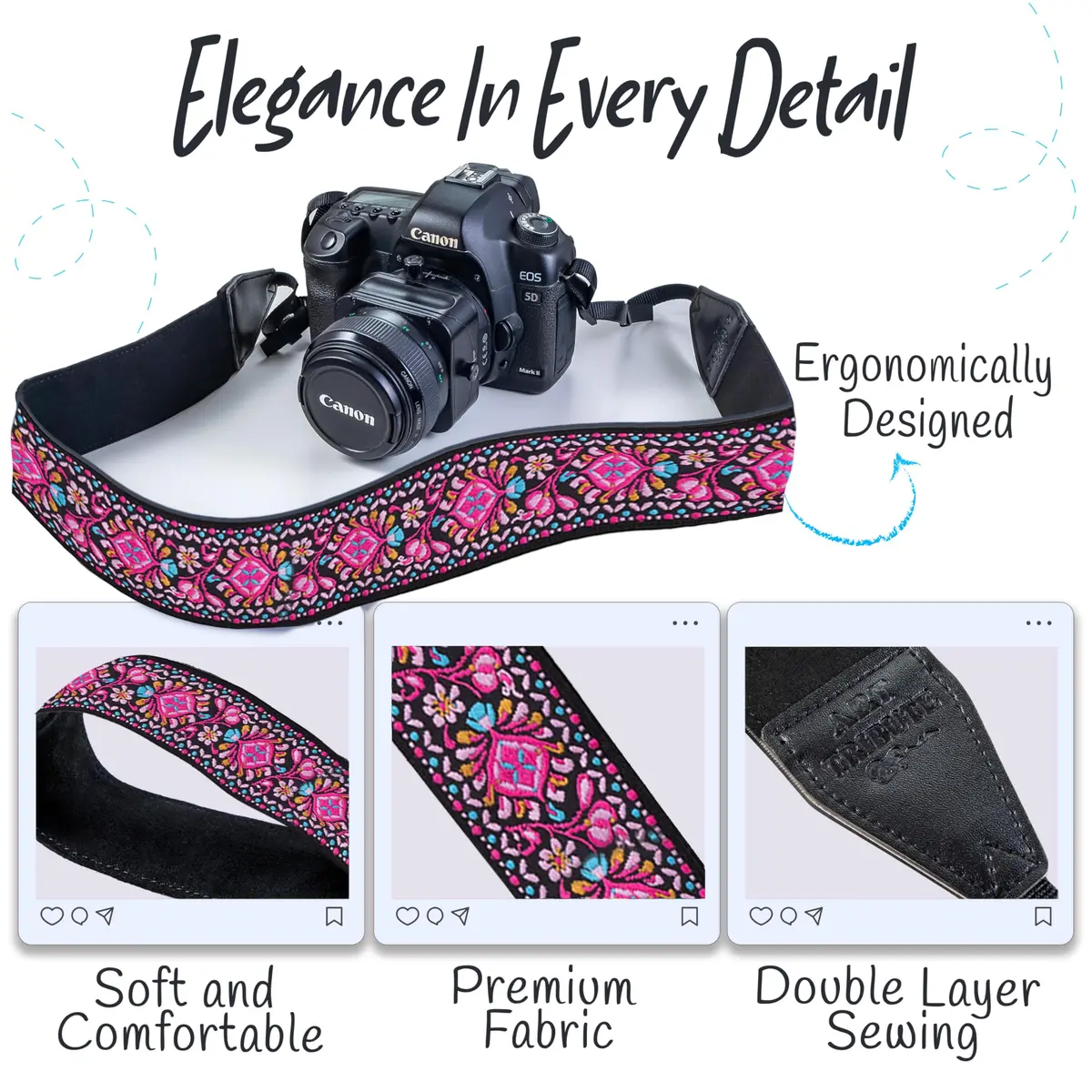 Art Tribute Embroidered Cotton & Leather Camera Strap Pink | Padded Neck, Shoulder & Crossbody for All Cameras - view 3