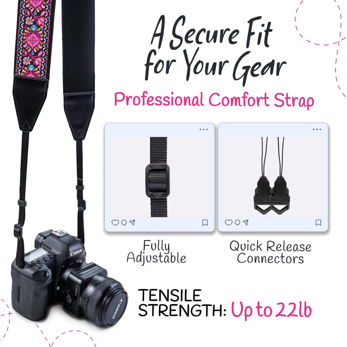 Art Tribute Embroidered Cotton & Leather Camera Strap Pink | Padded Neck, Shoulder & Crossbody for All Cameras - view 4