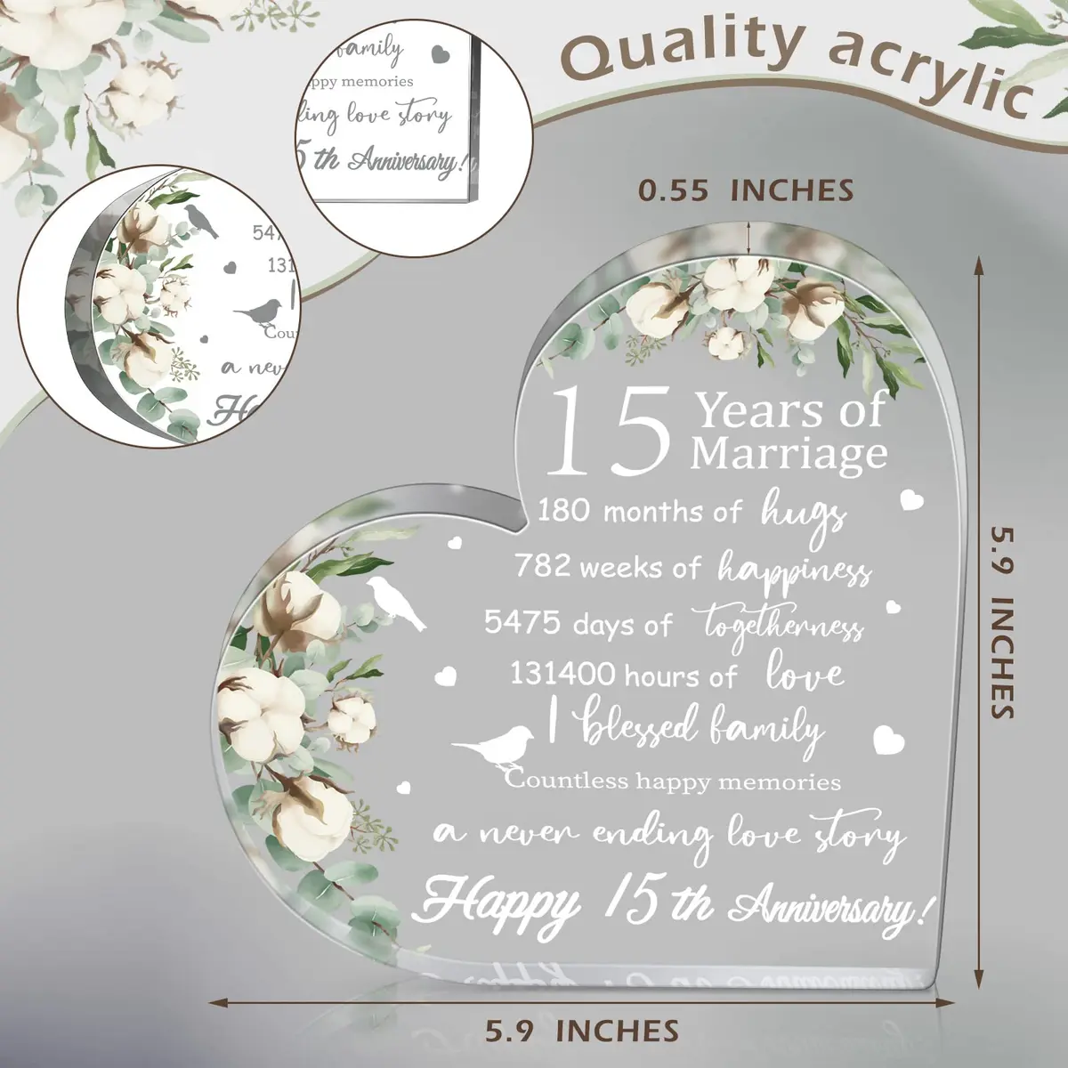 Yulejo 15th Style Heart Acrylic Decorative Sign 15.1 x 15.1 x 1.4 cm | Anniversary Gift for Her - view 4