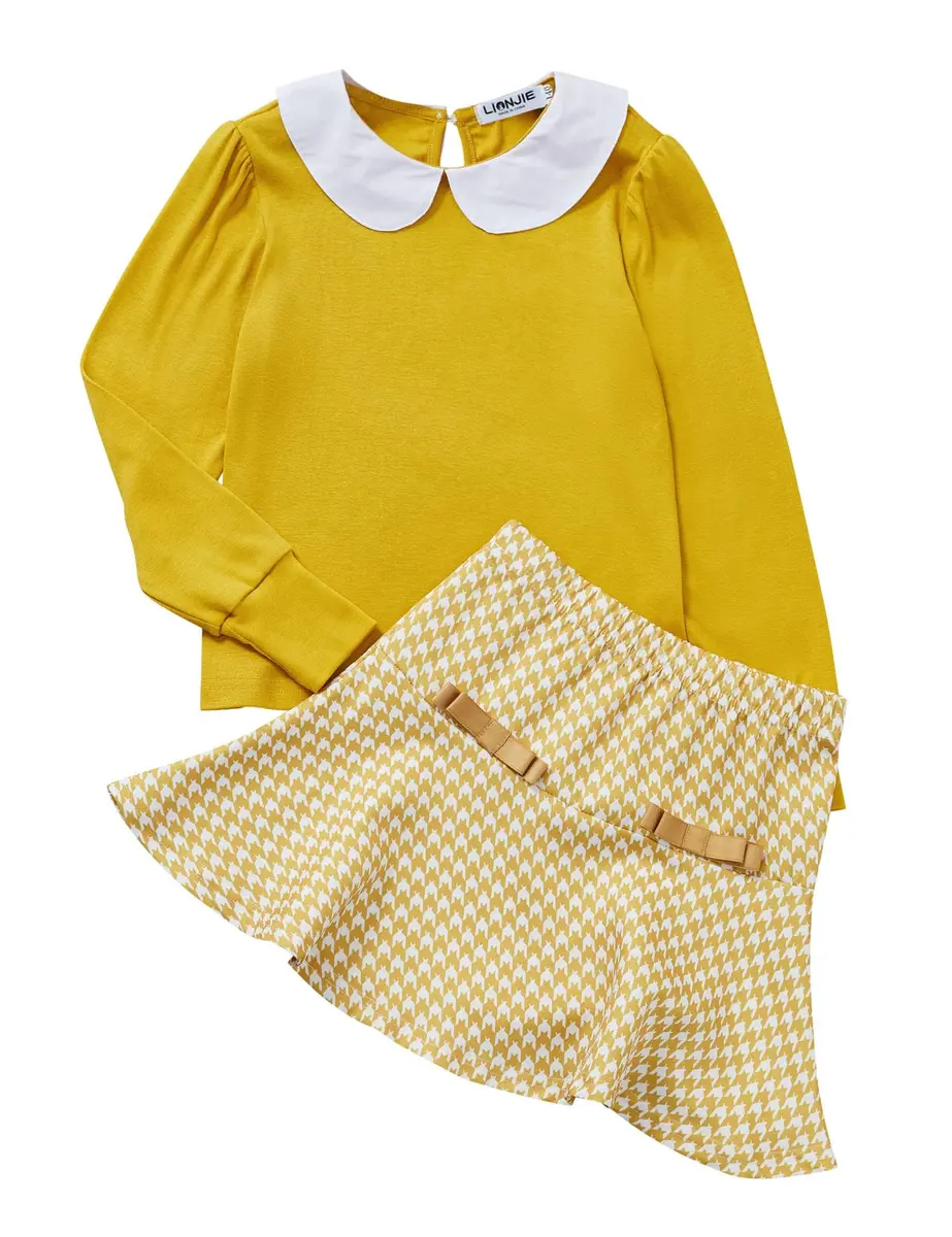 LIONJIE Girl's Yellow Skirt Sets Fall Clothes 2Pcs Outfit Long Sleeve Peter Pan Collar Tops Houndstooth Ruffle Mini Skirts Suit | Stylish, Breathable Cotton, 9-10 Years - main product image