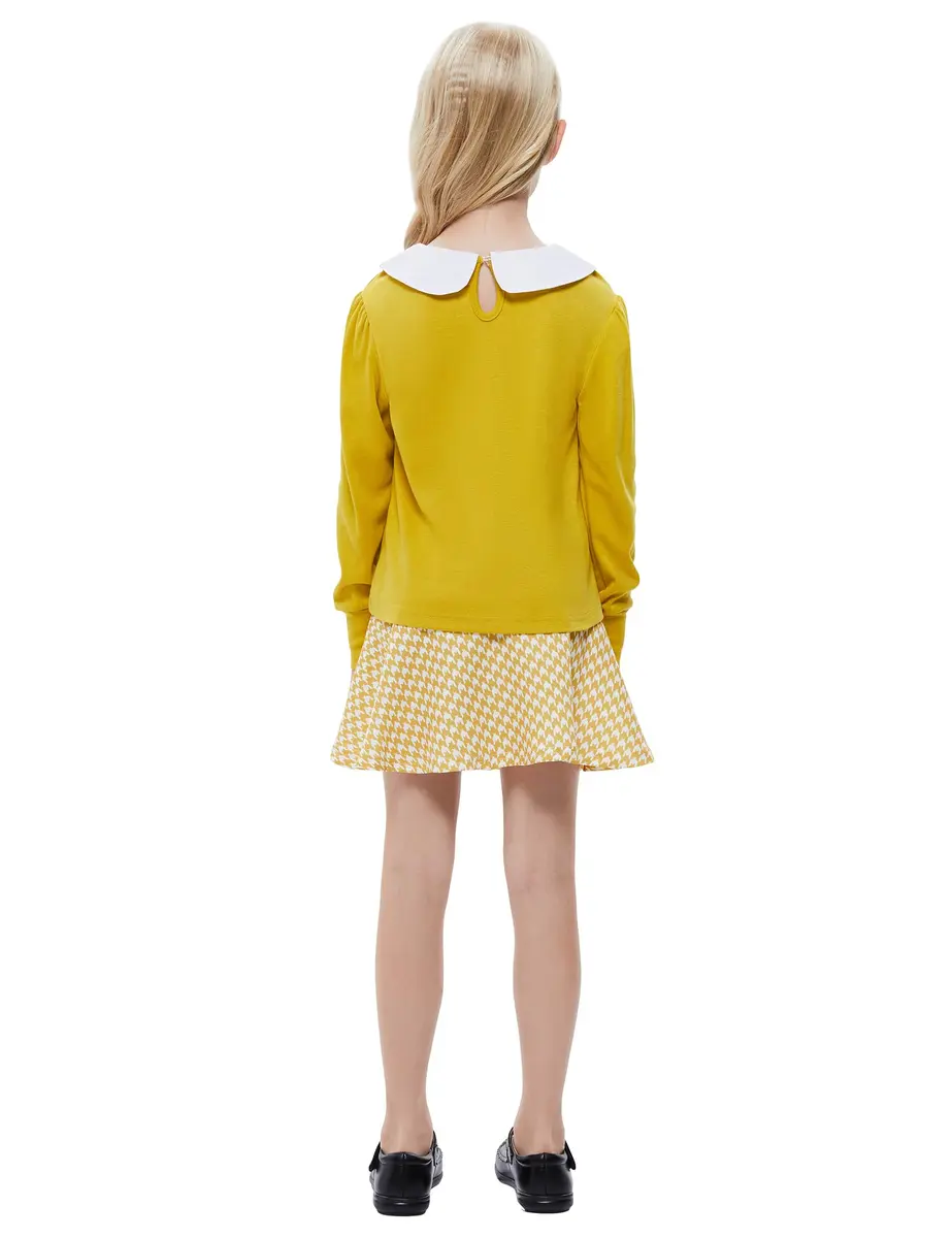 LIONJIE Girl's Yellow Skirt Sets Fall Clothes 2Pcs Outfit Long Sleeve Peter Pan Collar Tops Houndstooth Ruffle Mini Skirts Suit | Stylish, Breathable Cotton, 9-10 Years - view 5
