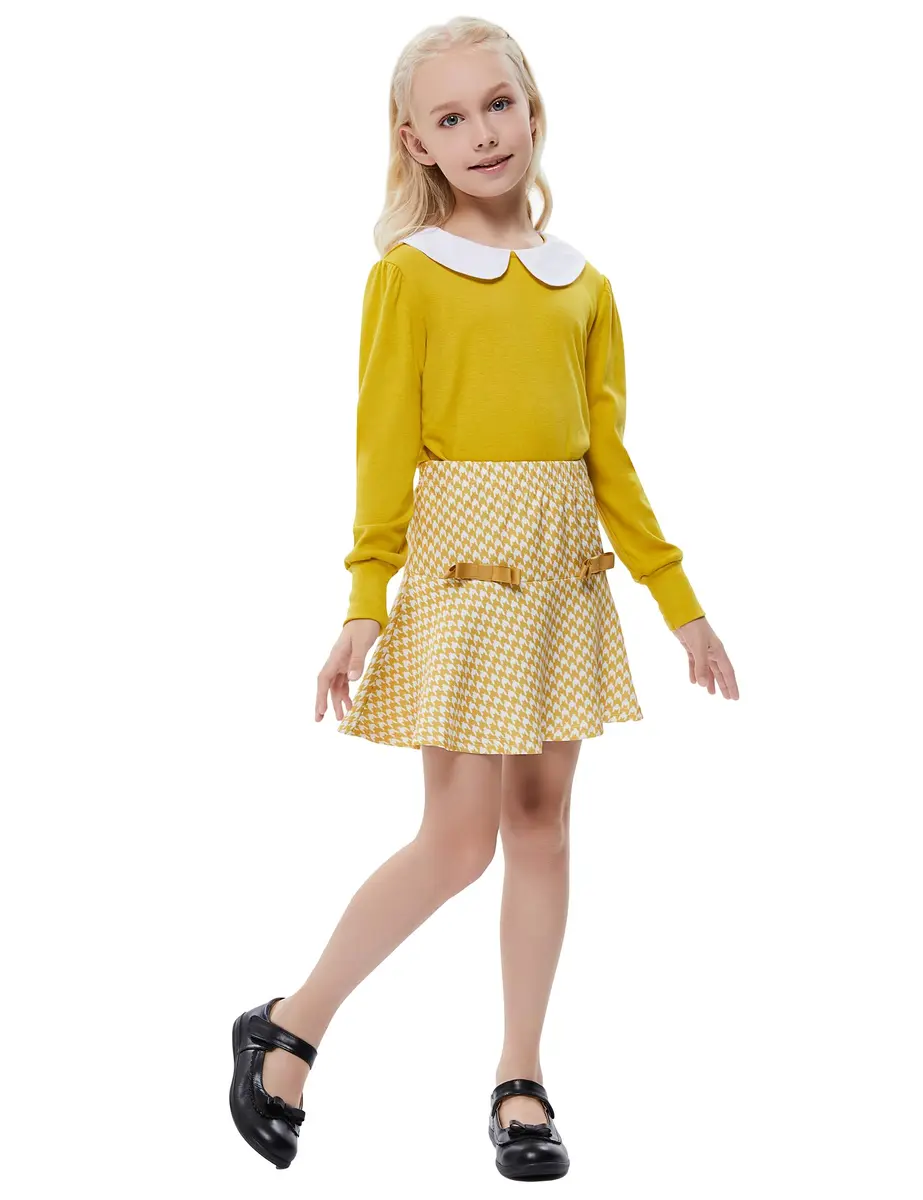 LIONJIE Girl's Yellow Skirt Sets Fall Clothes 2Pcs Outfit Long Sleeve Peter Pan Collar Tops Houndstooth Ruffle Mini Skirts Suit | Stylish, Breathable Cotton, 9-10 Years - view 2