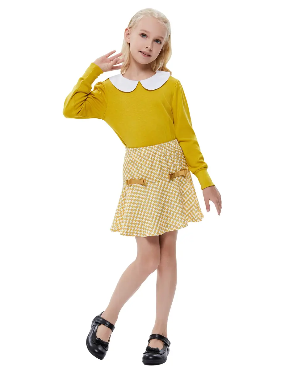 LIONJIE Girl's Yellow Skirt Sets Fall Clothes 2Pcs Outfit Long Sleeve Peter Pan Collar Tops Houndstooth Ruffle Mini Skirts Suit | Stylish, Breathable Cotton, 9-10 Years - view 3