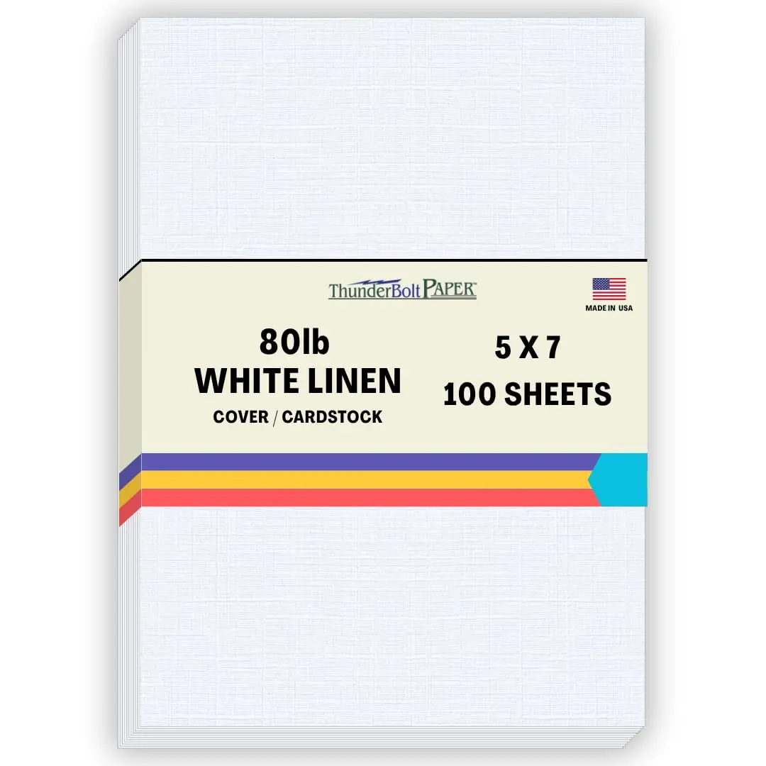 ThunderBolt Paper 100 Bright White Linen Cover Sheets 5" X 7" | Premium Textured Cardstock for Invitations & Menus - main product image