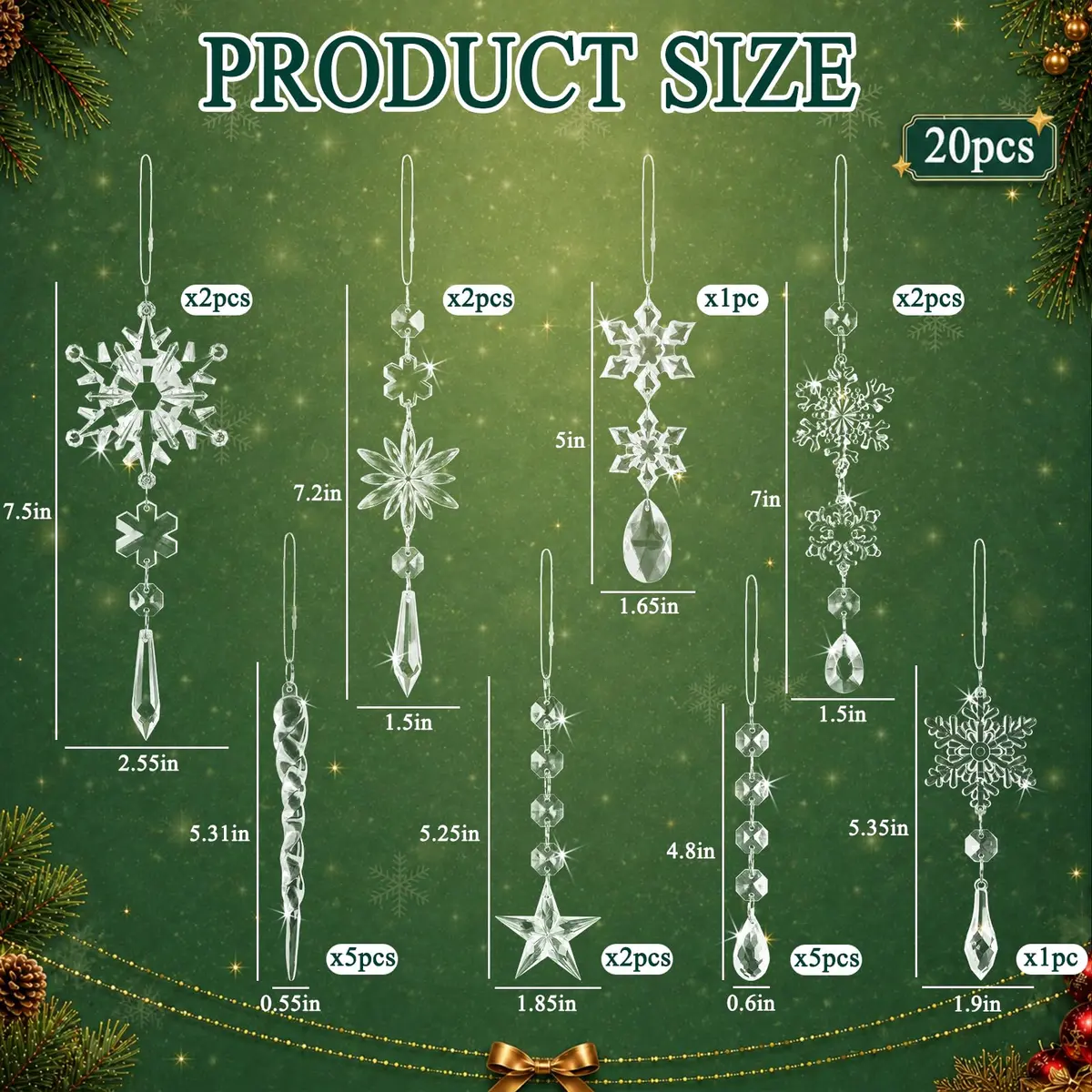 GuassLee Crystal Ornaments for Christmas Tree Winter Wonderland Decorations 20 pcs (18 Count) | Shatterproof Acrylic Hanging Pendants - view 3