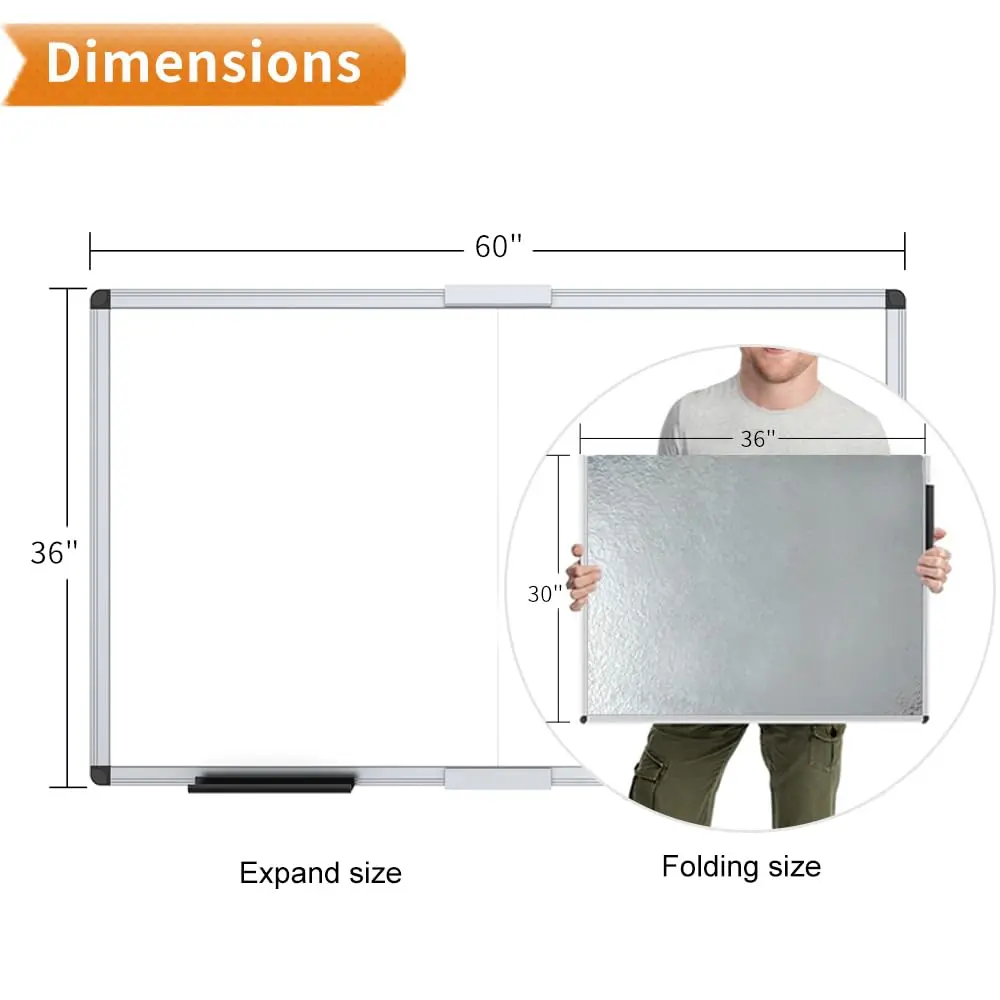 VIZ-PRO Magnetic Dry Erase Board, 60 x 36 Inches, Foldable Wall-Mounted Whiteboard with Silver Aluminum Frame & Marker Tray | Smooth Writing Surface for Office & Home - view 2