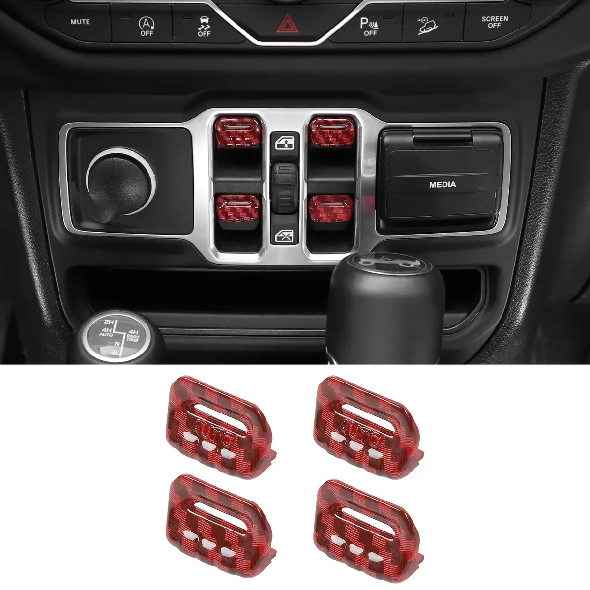 Jimen Compatible with Jeep Wrangler JL JLU 2018-2023 & Gladiator JT 2020-2023, 4PCS Red Carbon Fiber Interior Switch Cover - main product image