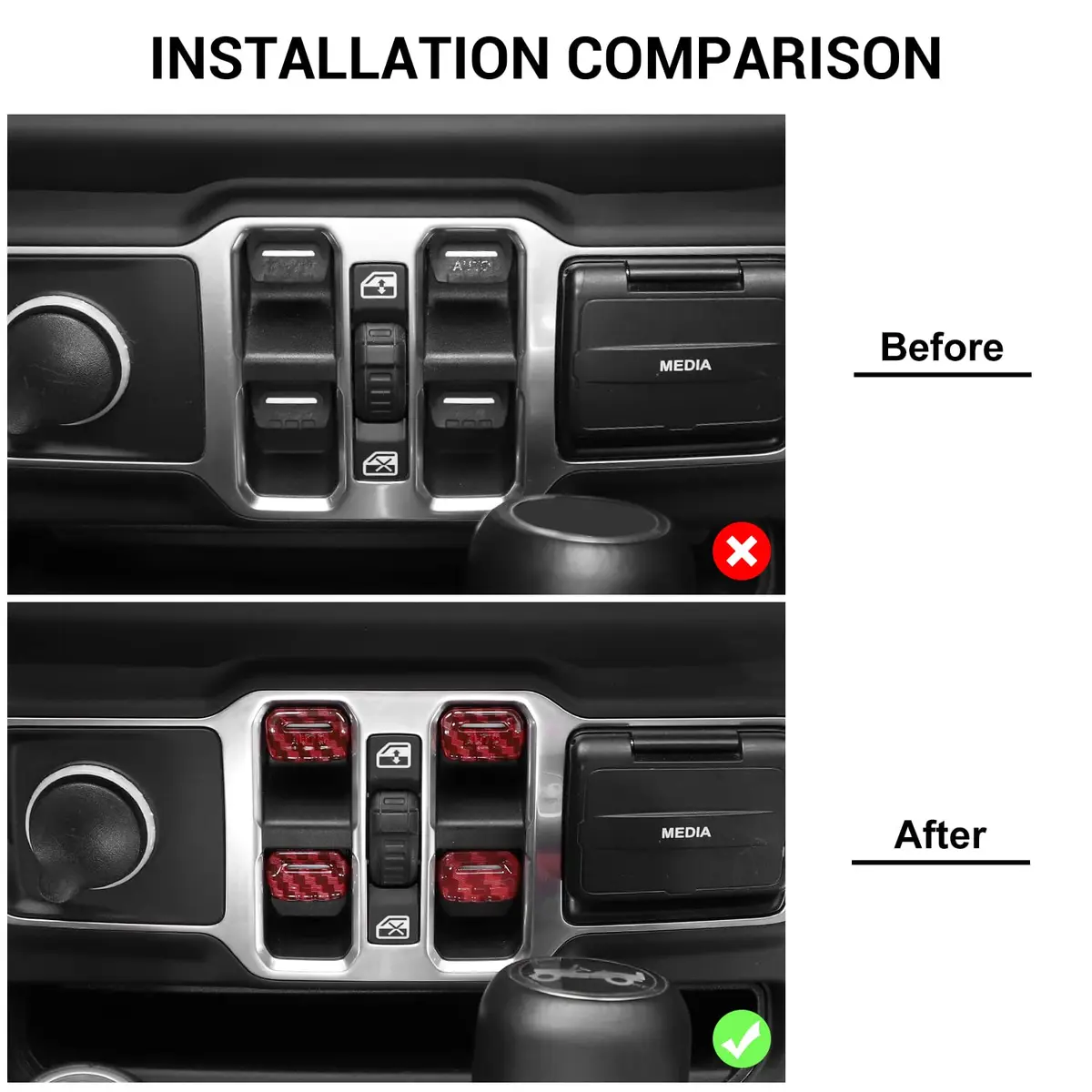Jimen Compatible with Jeep Wrangler JL JLU 2018-2023 & Gladiator JT 2020-2023, 4PCS Red Carbon Fiber Interior Switch Cover - view 7