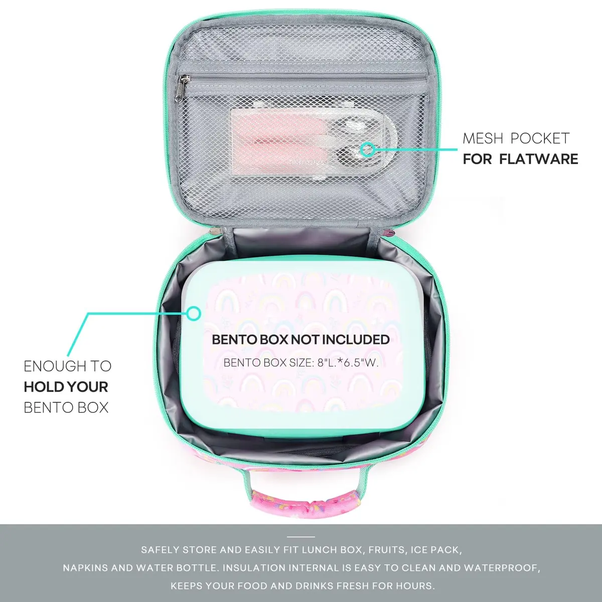 mibasies Kids Lunch Box for Girls, Insulated Lunch Bag School Kindergarten Pink Rainbow 2.5L (8.5 Fl Oz) | Cute & Durable for School - view 3