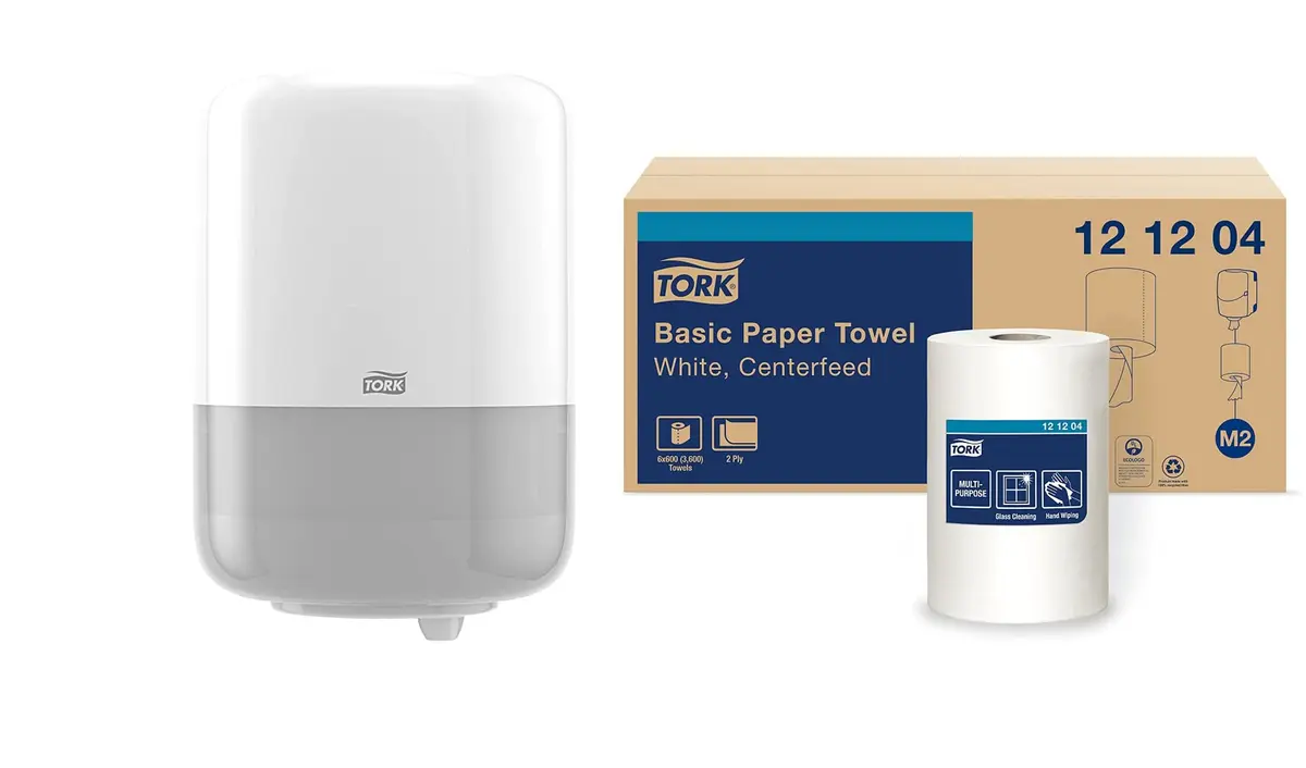 Tork Centerfeed Wall Mounted Dispenser White - M2 + Refill - Centerfeed Hand Towel White, 6 x 600 Sheets | High Absorbency, Easy One-Hand Operation - main product image