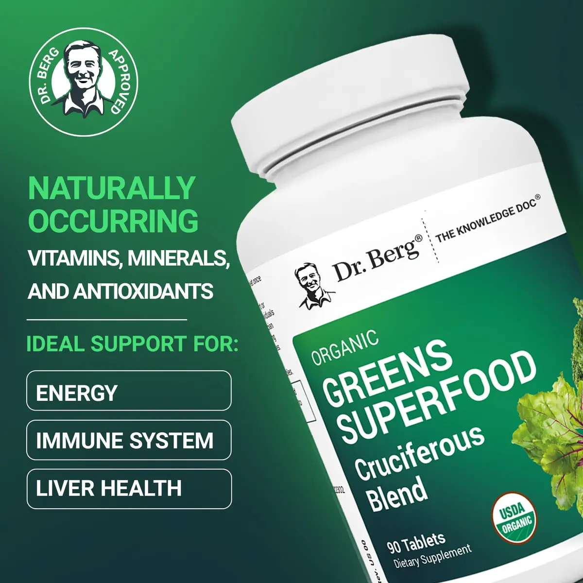 Dr. Berg Nutritionals Greens Superfood Cruciferous Vegetable Tablets | Organic Phytonutrient Support for Energy & Liver (90 Tablets) - view 2