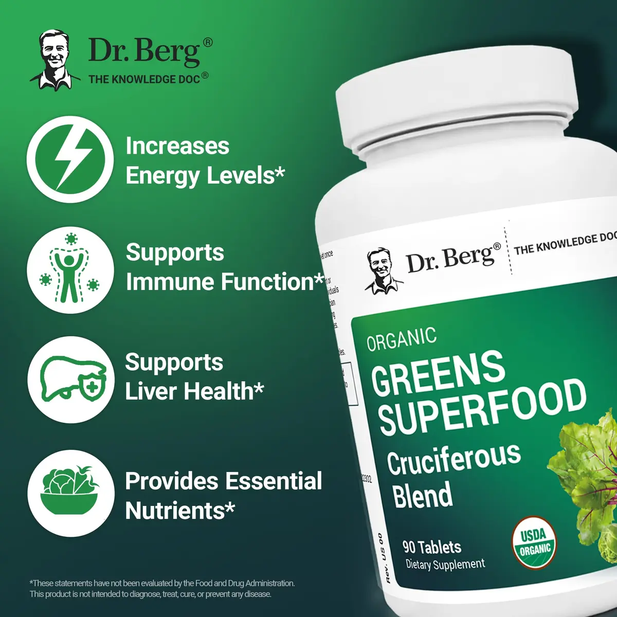 Dr. Berg Nutritionals Greens Superfood Cruciferous Vegetable Tablets | Organic Phytonutrient Support for Energy & Liver (90 Tablets) - view 3