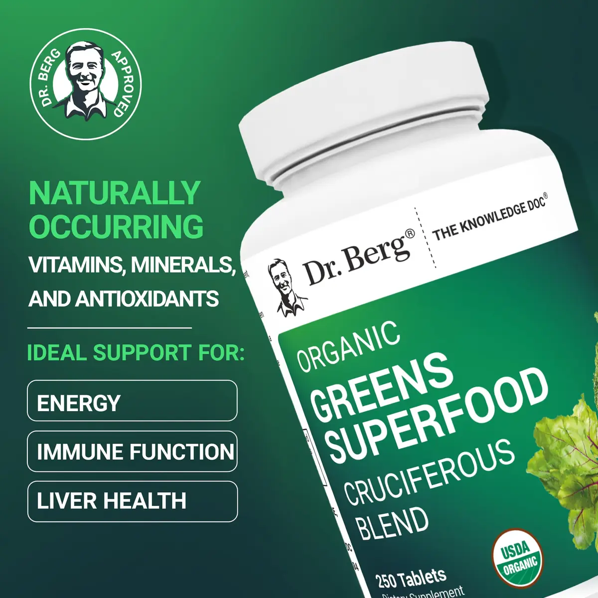 Dr. Berg's Greens Superfood Cruciferous Vegetable Tablets - 250 Veggie Capsules for Energy & Immunity - view 2