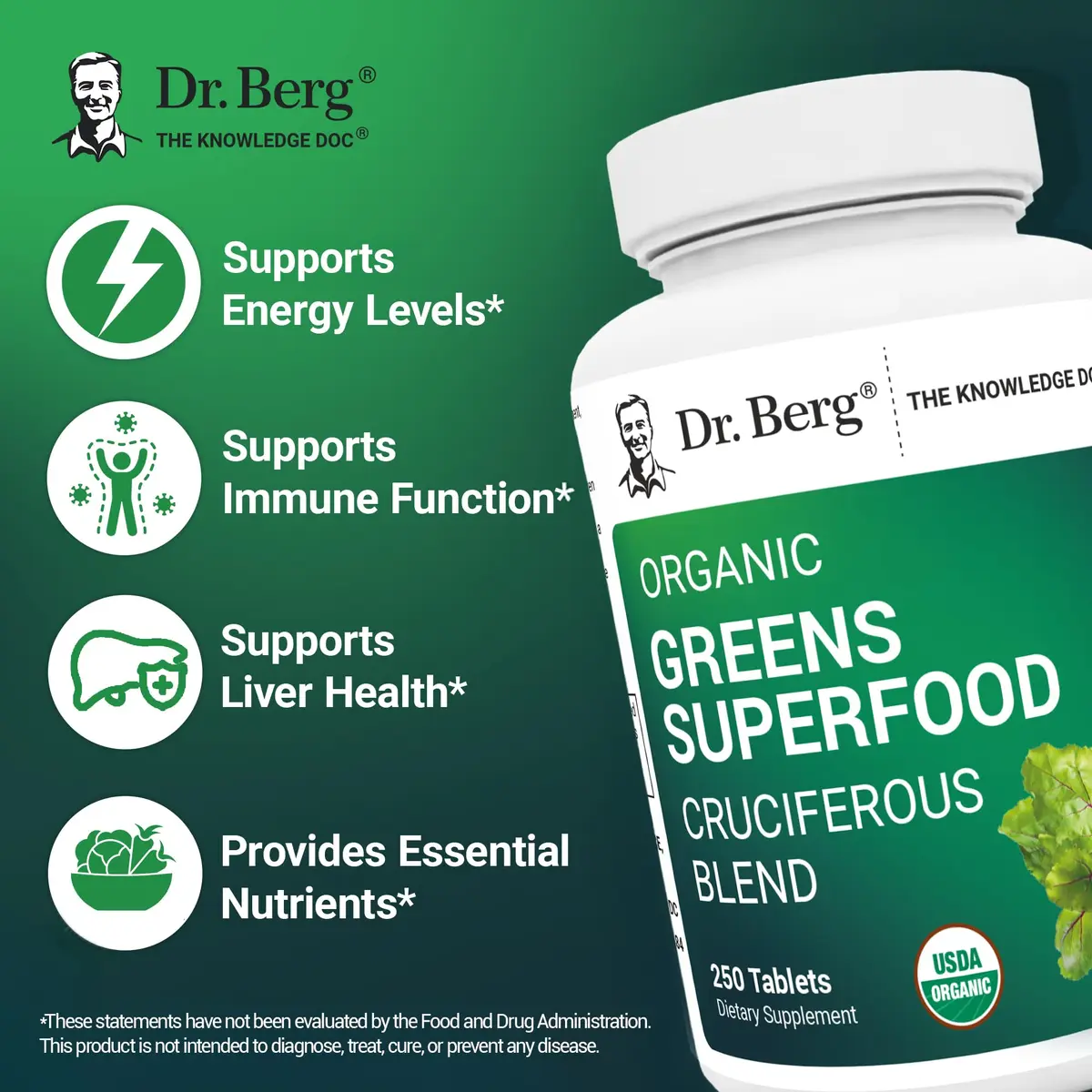 Dr. Berg's Greens Superfood Cruciferous Vegetable Tablets - 250 Veggie Capsules for Energy & Immunity - view 3
