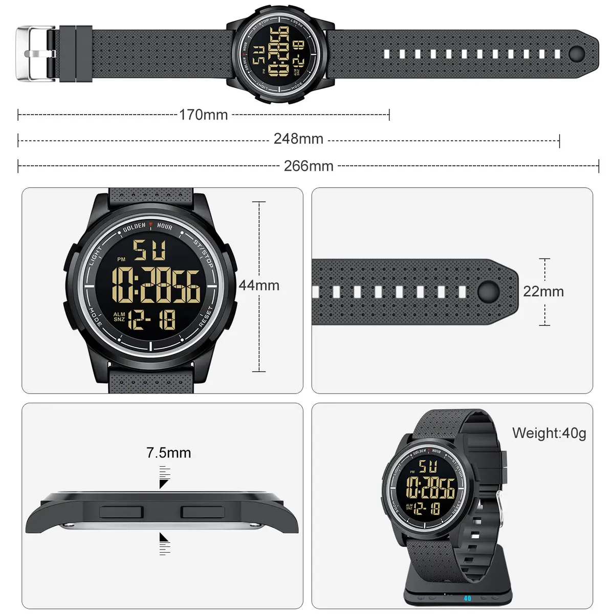 GOLDEN HOUR Ultra-Thin Minimalist Sports Waterproof Digital Watch 43mm (1.69 in) | Wide-Angle Display Rubber Strap - view 5