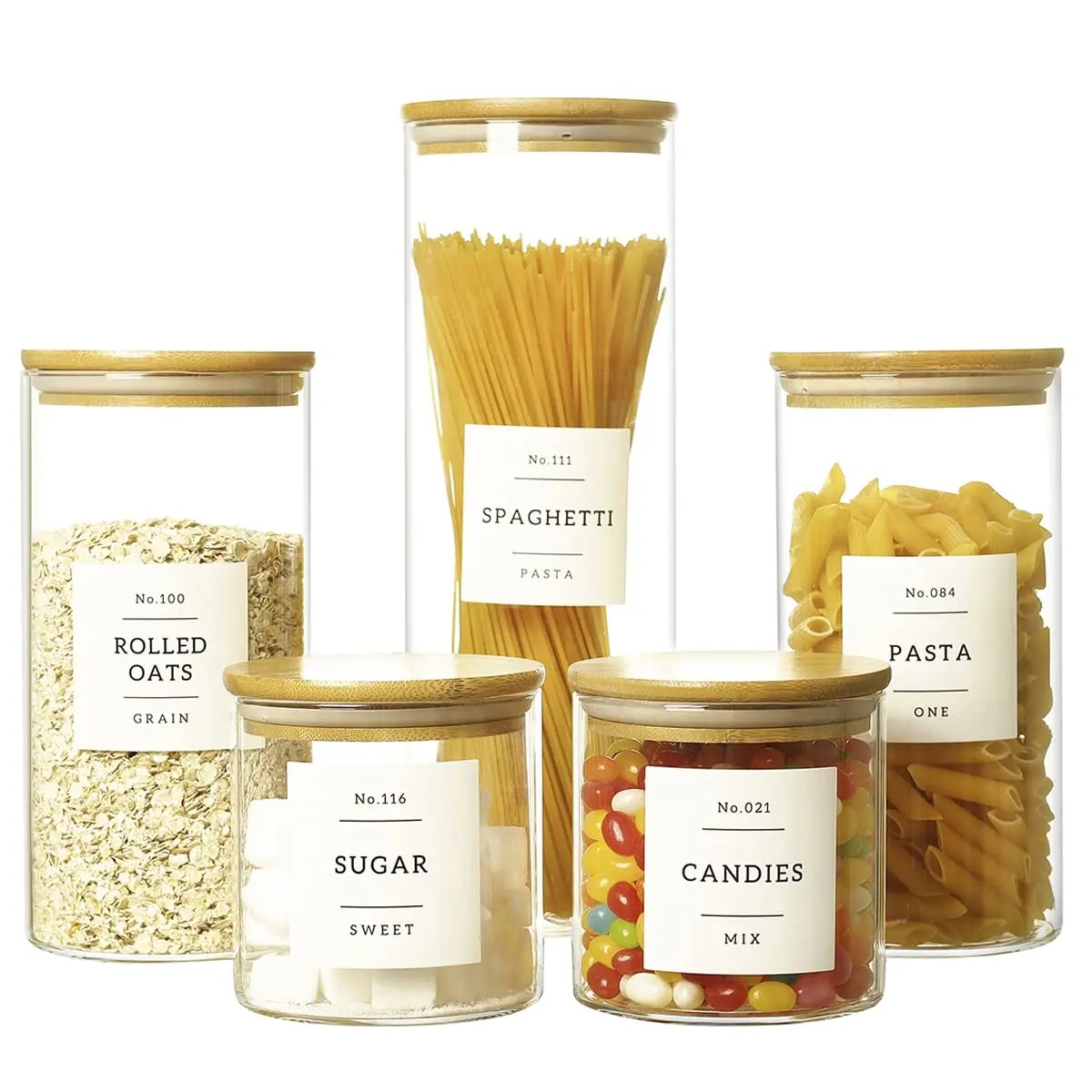 HHMJSM 5 Pcs Glass Food Storage Containers with Labels | Thick(3mm) Airtight Canisters for Kitchen & Pantry - main product image