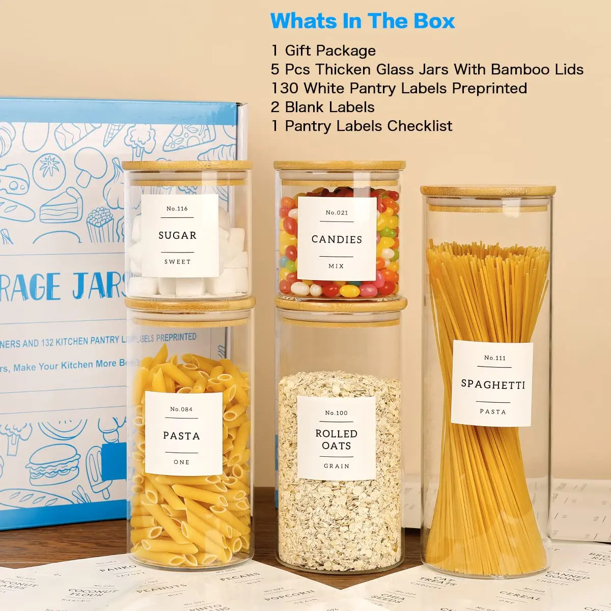 HHMJSM 5 Pcs Glass Food Storage Containers with Labels | Thick(3mm) Airtight Canisters for Kitchen & Pantry - view 2