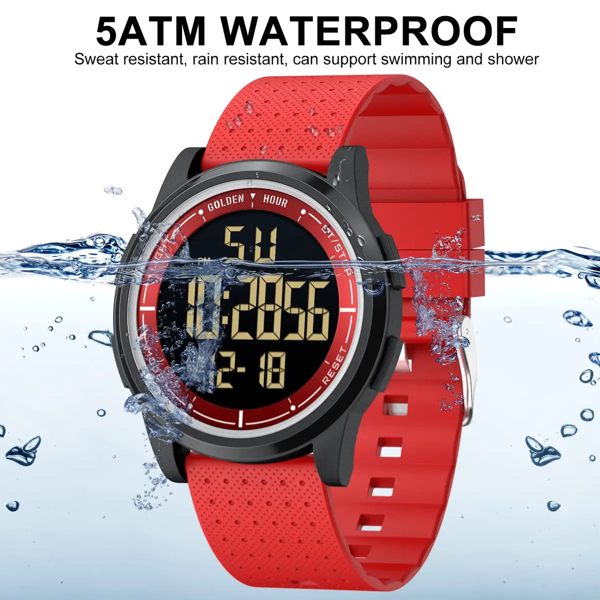 GOLDEN HOUR Ultra-Thin Minimalist Sports Digital Watch Red | 43mm Case, 50M Water Resistant - view 2