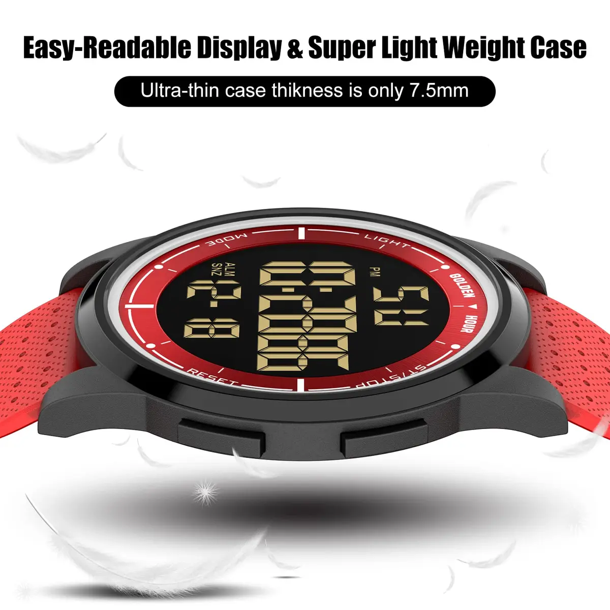 GOLDEN HOUR Ultra-Thin Minimalist Sports Digital Watch Red | 43mm Case, 50M Water Resistant - view 3