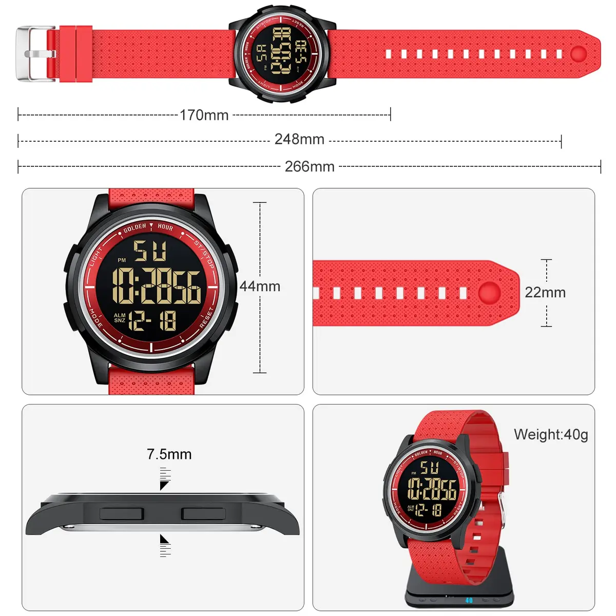 GOLDEN HOUR Ultra-Thin Minimalist Sports Digital Watch Red | 43mm Case, 50M Water Resistant - view 4