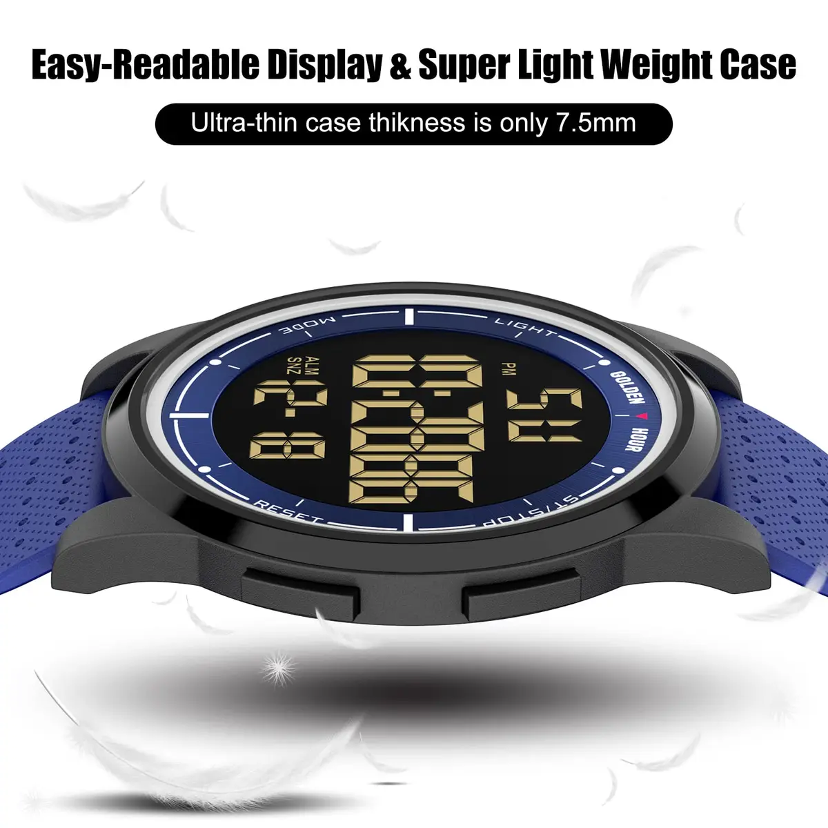 GOLDEN HOUR Minimalist Digital Sports Watch 43mm (1.69 in) | Water Resistant 50M, EL Backlight, Date, Alarm - view 5