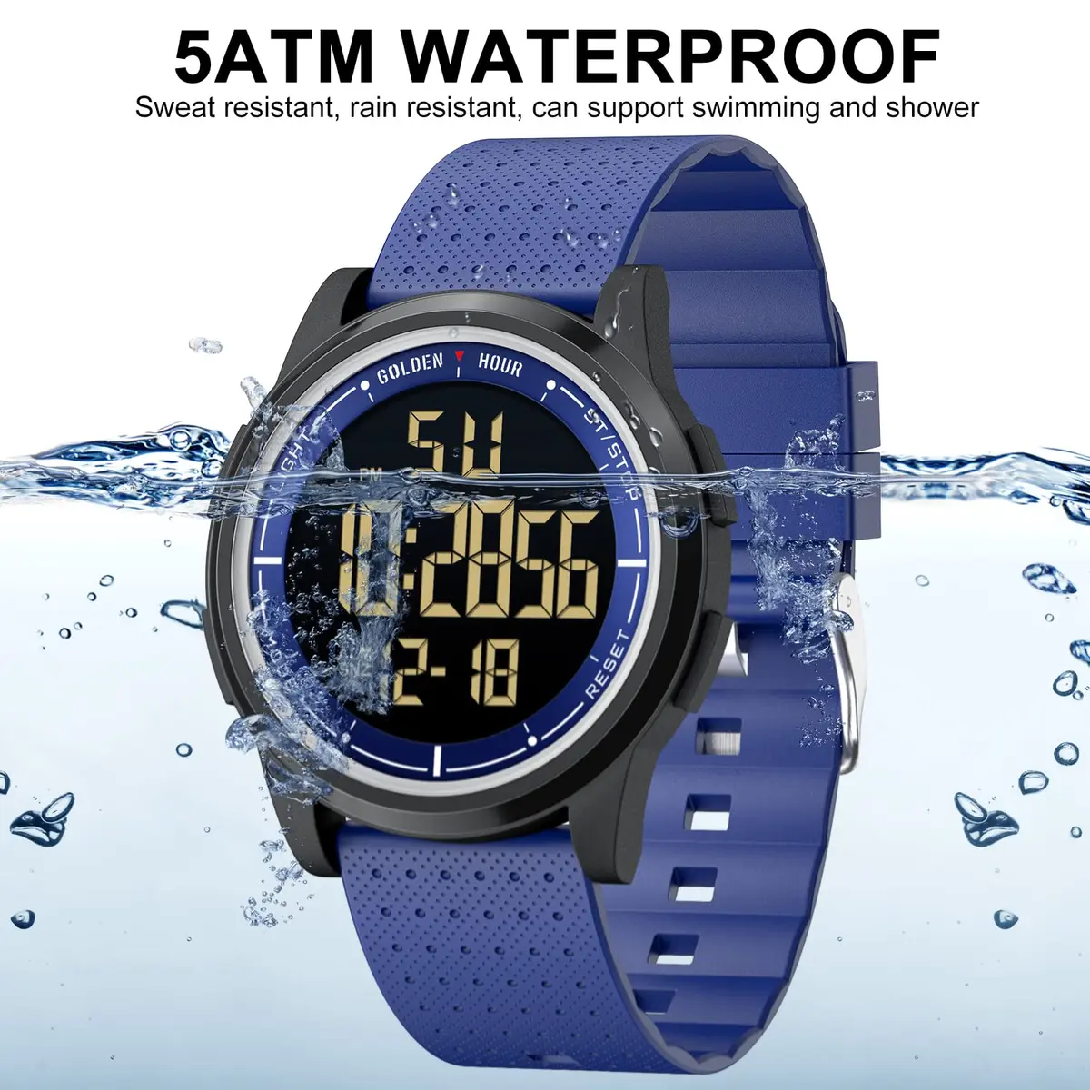 GOLDEN HOUR Minimalist Digital Sports Watch 43mm (1.69 in) | Water Resistant 50M, EL Backlight, Date, Alarm - view 2