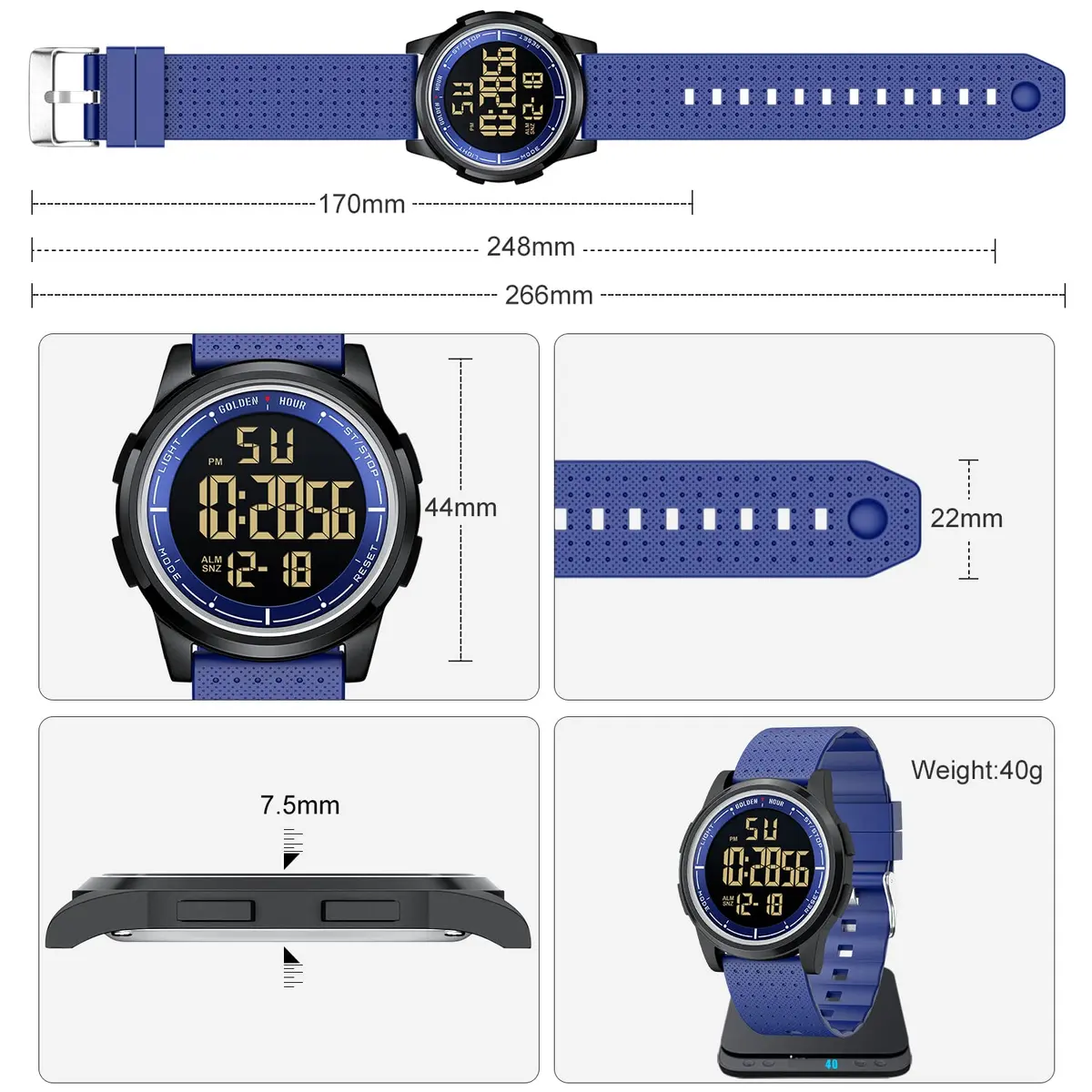 GOLDEN HOUR Minimalist Digital Sports Watch 43mm (1.69 in) | Water Resistant 50M, EL Backlight, Date, Alarm - view 3