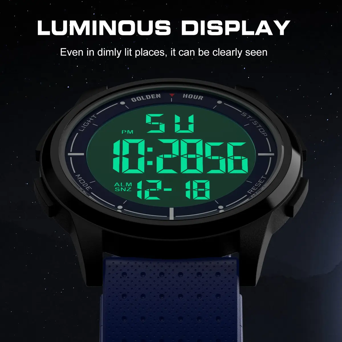 GOLDEN HOUR Minimalist Digital Sports Watch 43mm (1.69 in) | Water Resistant 50M, EL Backlight, Date, Alarm - view 4