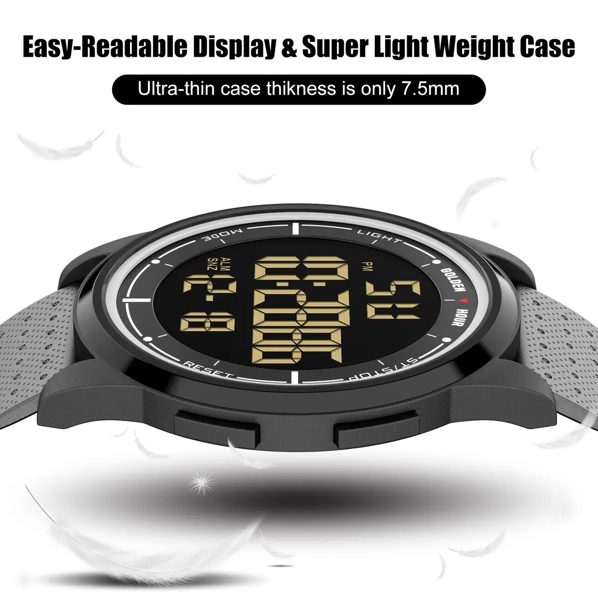 GOLDEN HOUR Minimalist Digital Sports Watch 43mm (1.69 in) | Water Resistant 50M, EL Backlight, Date, Alarm - view 5