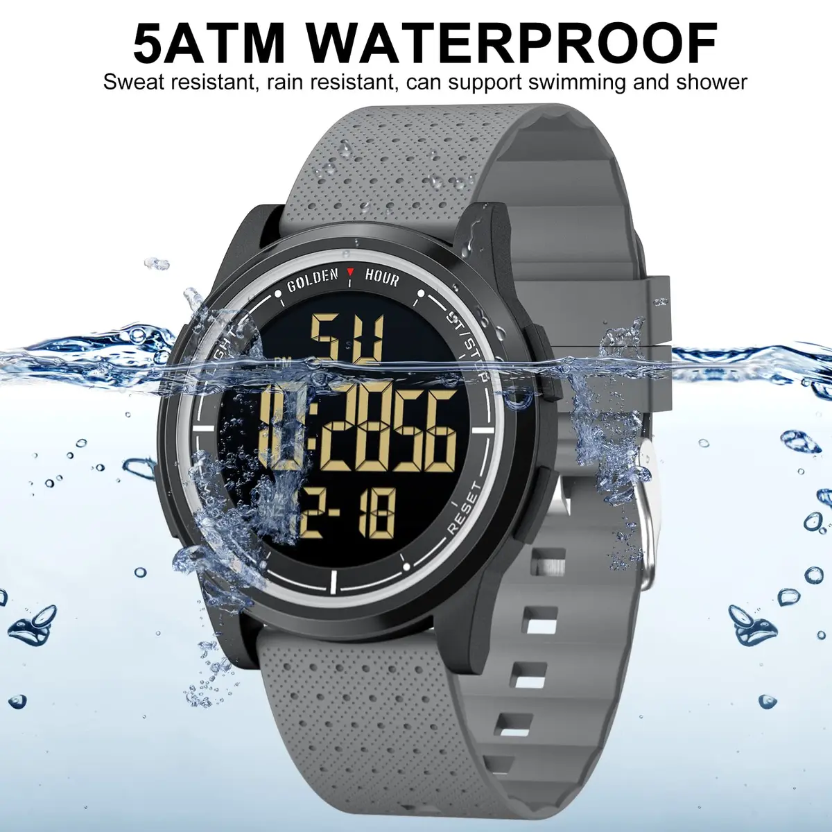 GOLDEN HOUR Minimalist Digital Sports Watch 43mm (1.69 in) | Water Resistant 50M, EL Backlight, Date, Alarm - view 2