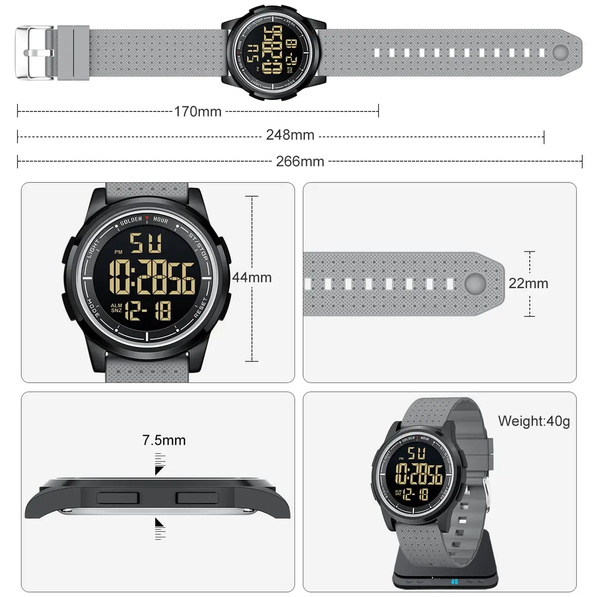 GOLDEN HOUR Minimalist Digital Sports Watch 43mm (1.69 in) | Water Resistant 50M, EL Backlight, Date, Alarm - view 3