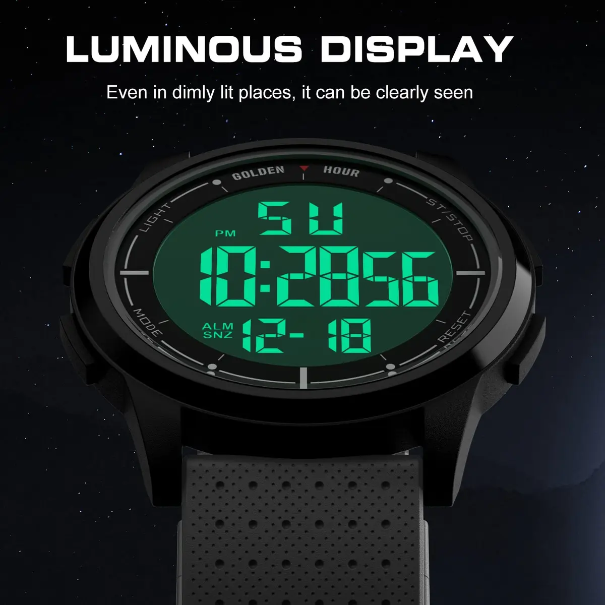 GOLDEN HOUR Minimalist Digital Sports Watch 43mm (1.69 in) | Water Resistant 50M, EL Backlight, Date, Alarm - view 4